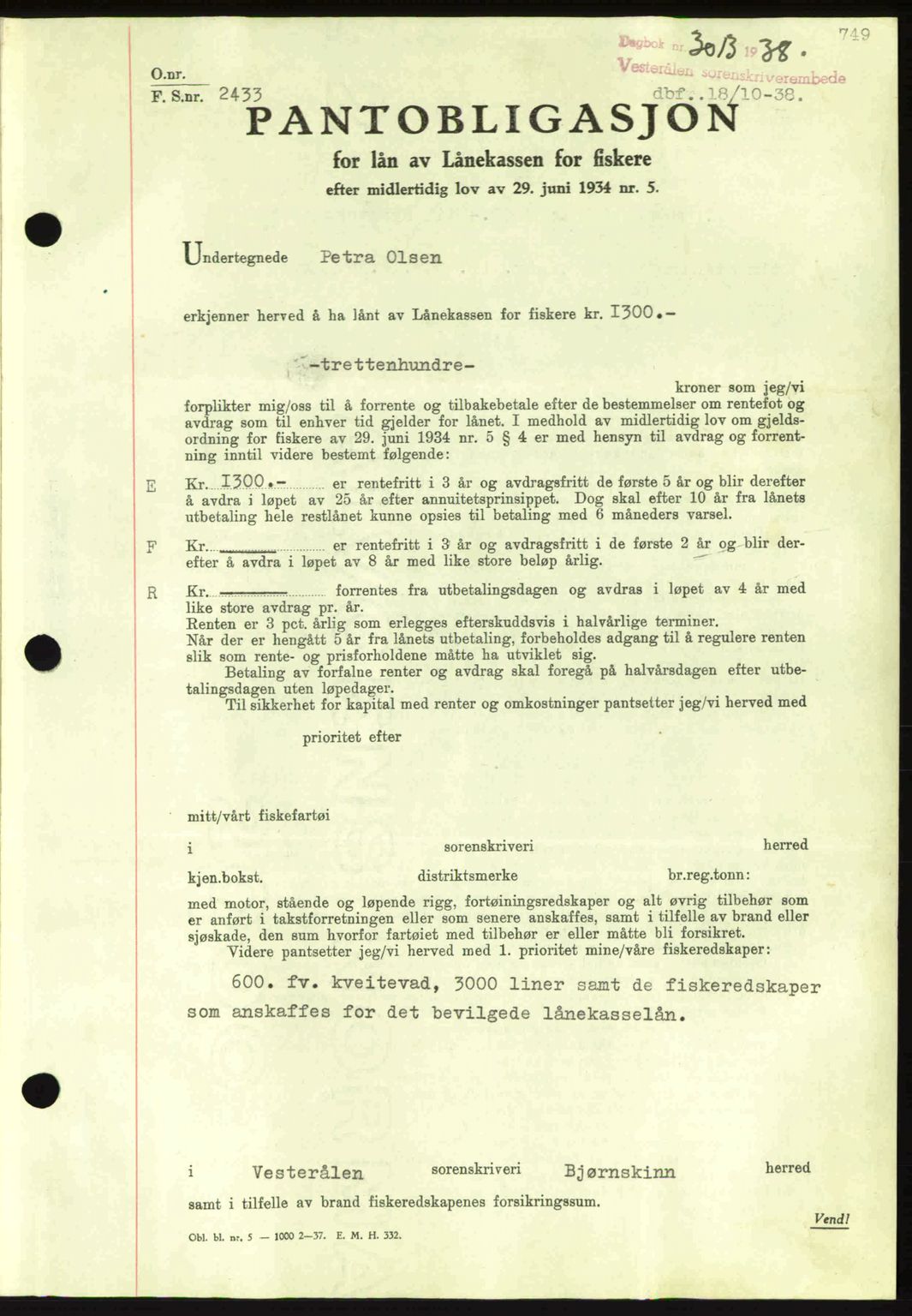 Vesterålen sorenskriveri, AV/SAT-A-4180/1/2/2Ca: Pantebok nr. B6-10, 1938-1941, Dagboknr: 3013/1938