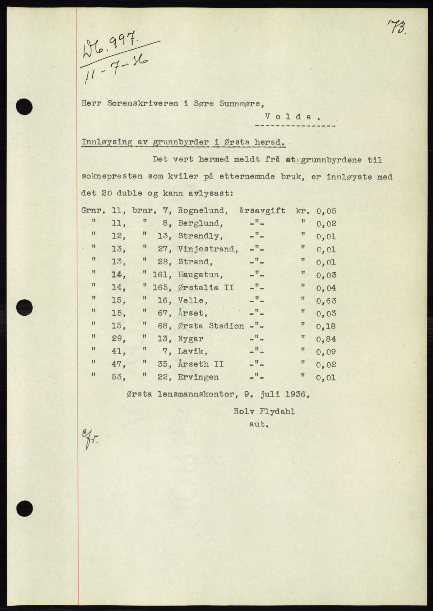 Søre Sunnmøre sorenskriveri, SAT/A-4122/1/2/2C/L0061: Pantebok nr. 55, 1936-1936, Dagboknr: 997/1936