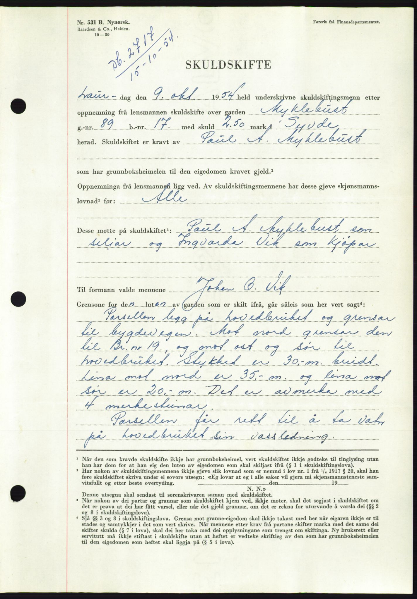 Søre Sunnmøre sorenskriveri, AV/SAT-A-4122/1/2/2C/L0099: Pantebok nr. 25A, 1954-1954, Dagboknr: 2717/1954