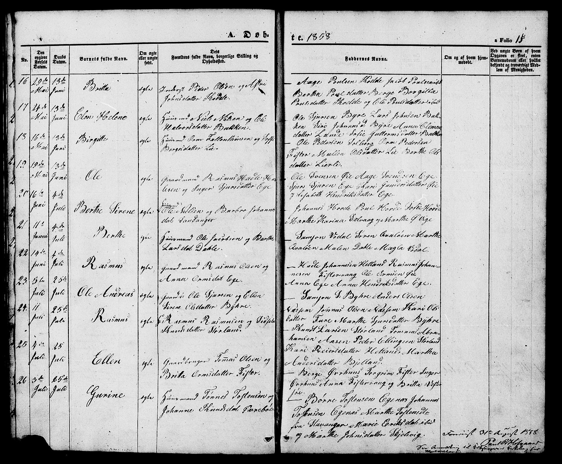 Hjelmeland sokneprestkontor, AV/SAST-A-101843/01/V/L0005: Klokkerbok nr. B 5, 1853-1892, s. 15