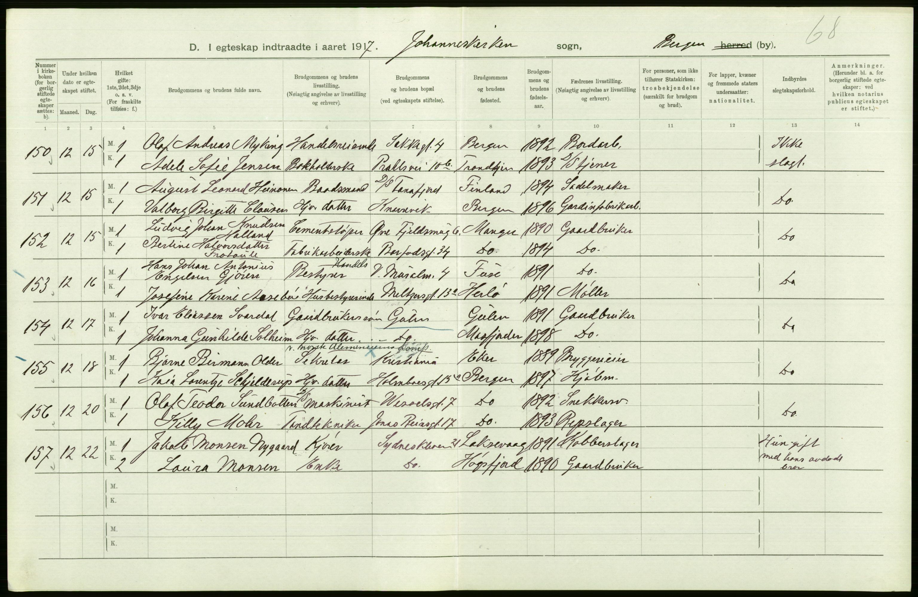 Statistisk sentralbyrå, Sosiodemografiske emner, Befolkning, AV/RA-S-2228/D/Df/Dfb/Dfbg/L0038: Bergen: Gifte, døde, dødfødte., 1917, s. 116