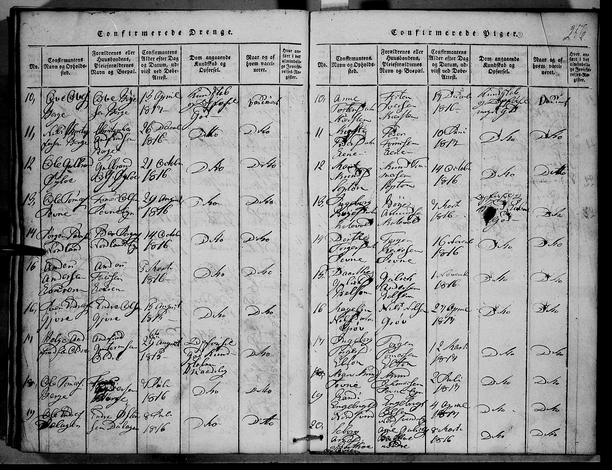 Vang prestekontor, Valdres, AV/SAH-PREST-140/H/Hb/L0001: Klokkerbok nr. 1, 1814-1820, s. 256