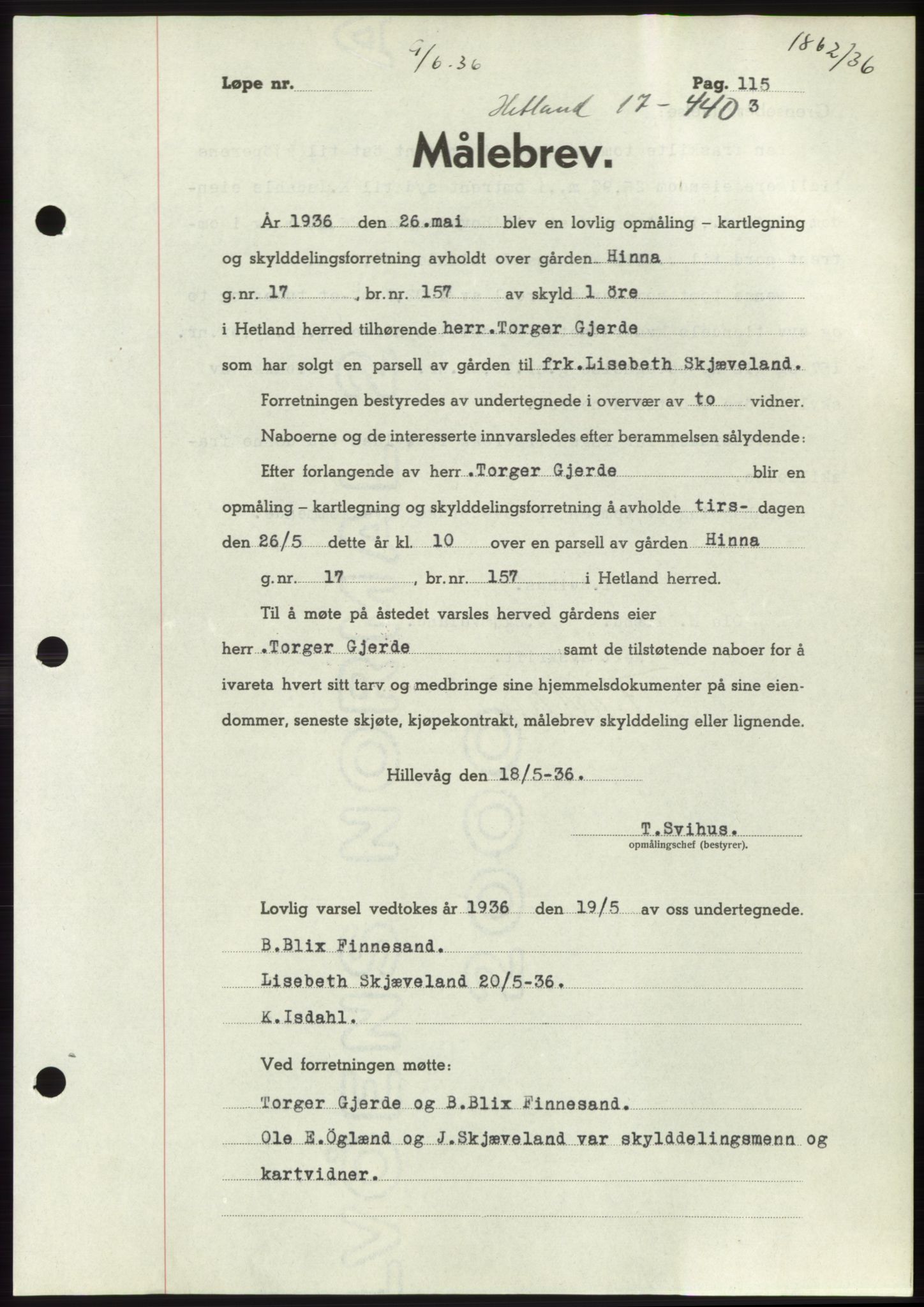 Jæren sorenskriveri, SAST/A-100310/03/G/Gba/L0065: Pantebok nr. 71, 1936-1936, Dagboknr: 1862/1936