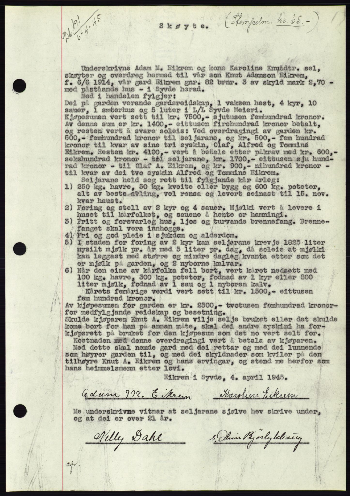 Søre Sunnmøre sorenskriveri, AV/SAT-A-4122/1/2/2C/L0077: Pantebok nr. 3A, 1945-1946, Dagboknr: 191/1945