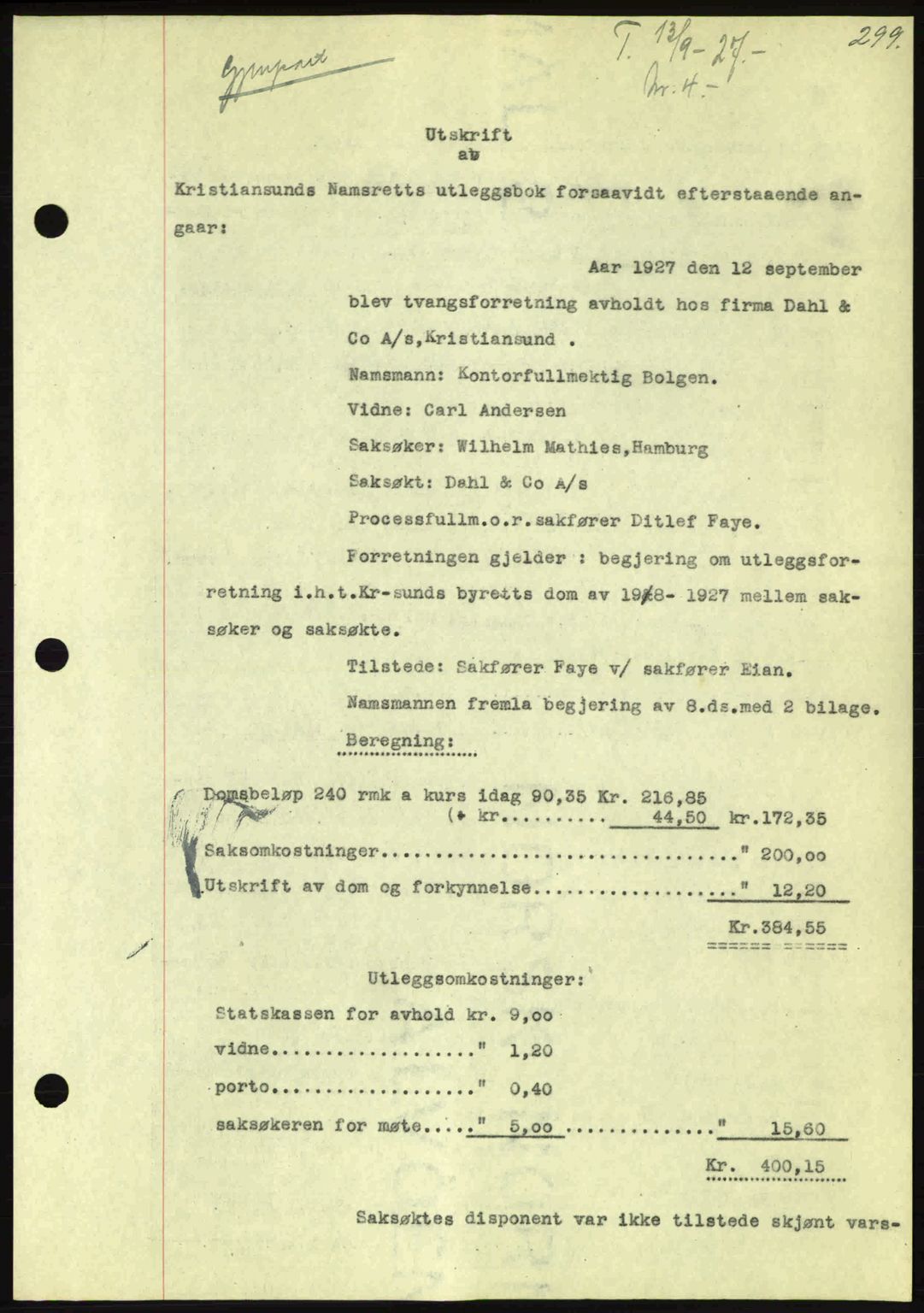 Kristiansund byfogd, AV/SAT-A-4587/A/27: Pantebok nr. 21, 1926-1928, Tingl.dato: 13.09.1927