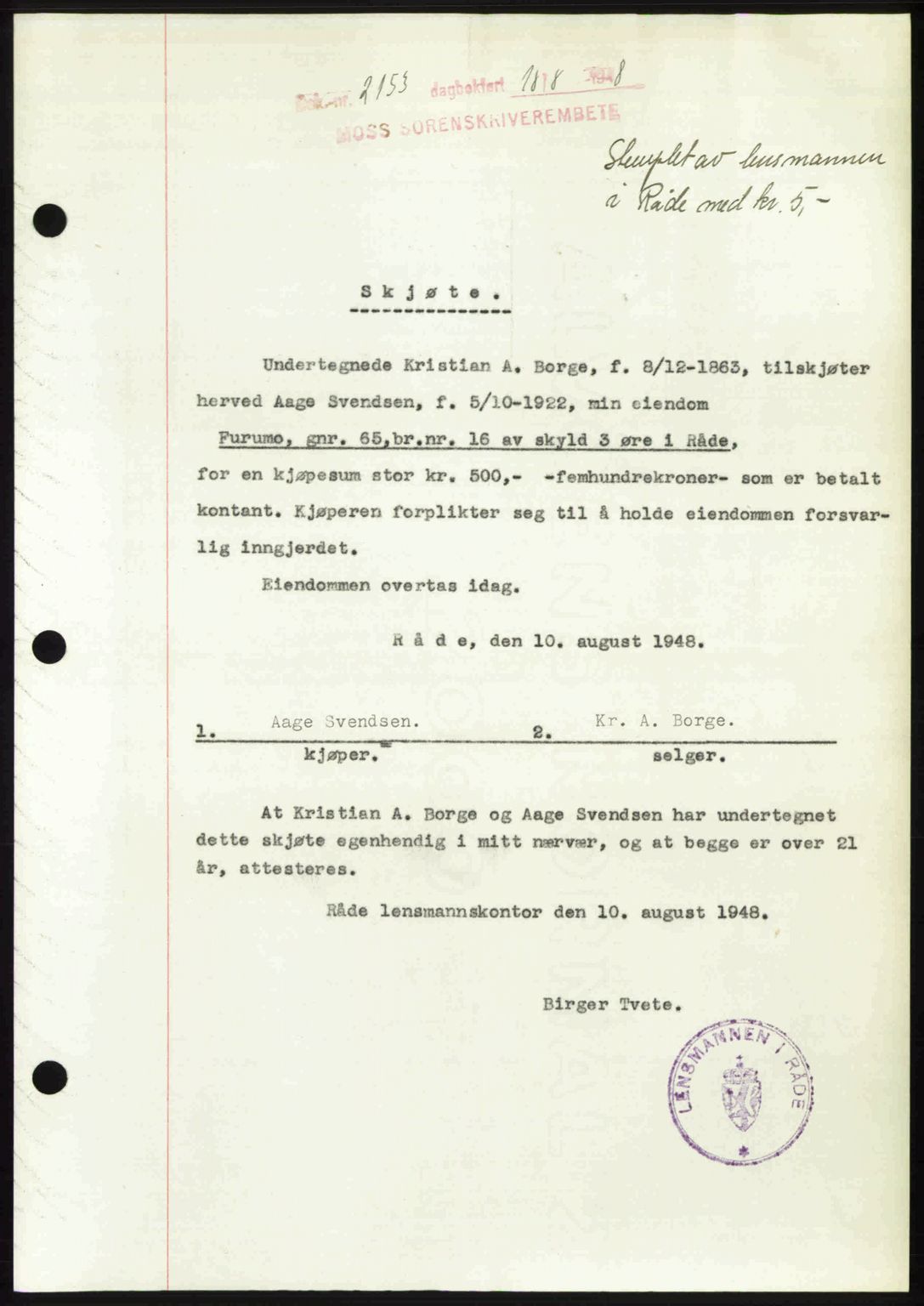 Moss sorenskriveri, SAO/A-10168: Pantebok nr. A20, 1948-1948, Dagboknr: 2153/1948
