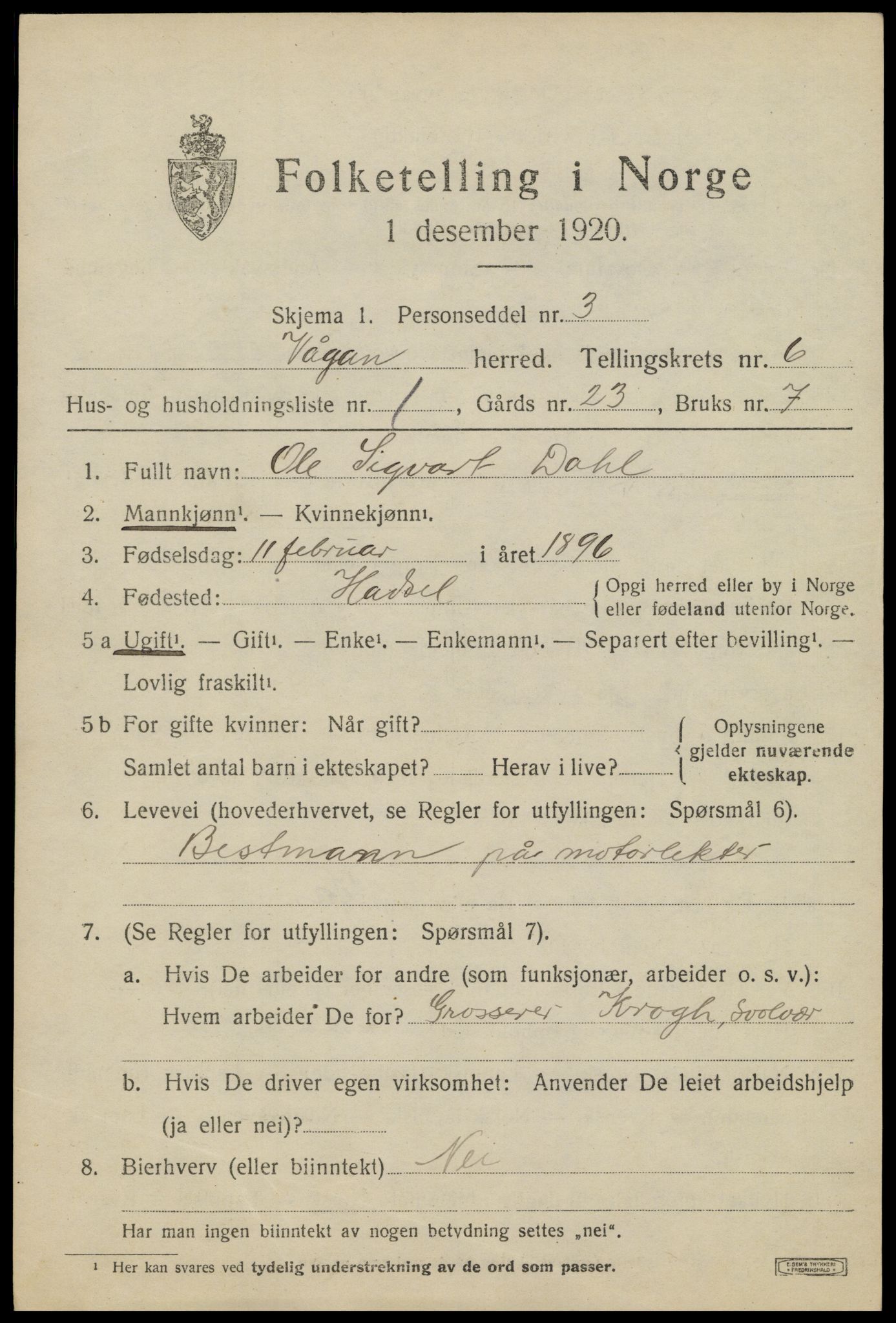 SAT, Folketelling 1920 for 1865 Vågan herred, 1920, s. 6145