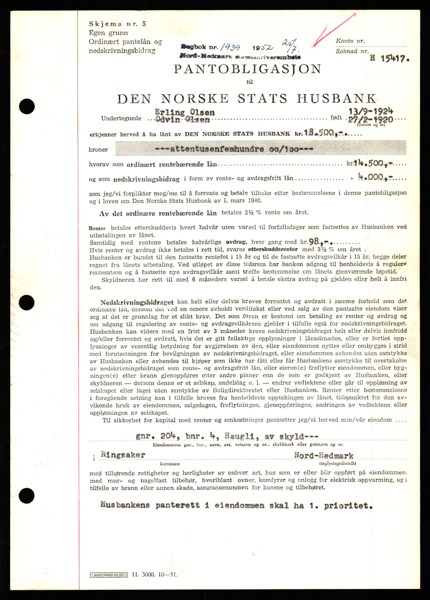 Nord-Hedmark sorenskriveri, SAH/TING-012/H/Hb/Hbf/L0025: Pantebok nr. B25, 1952-1952, Dagboknr: 1939/1952