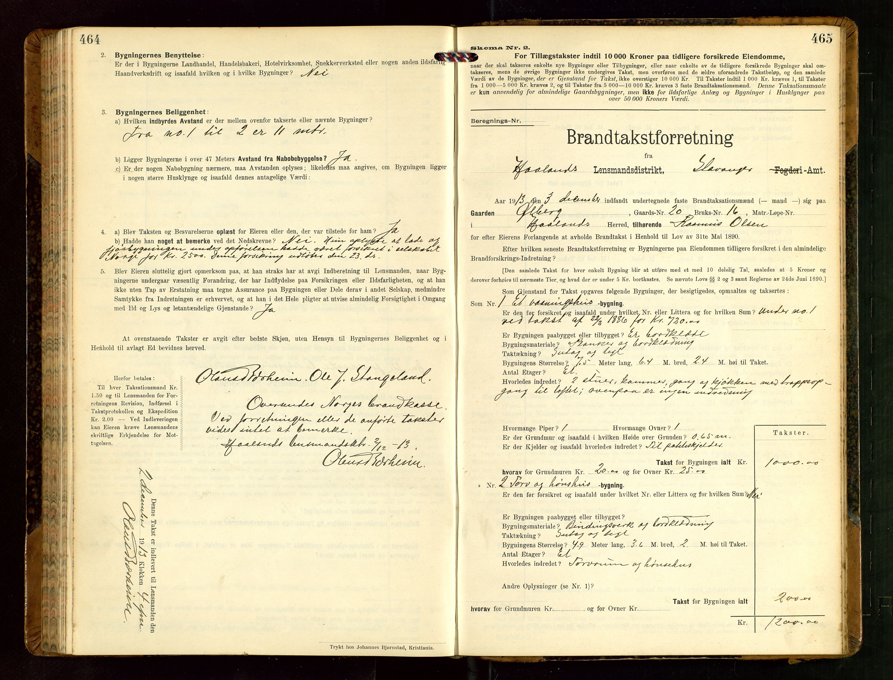 Håland lensmannskontor, AV/SAST-A-100100/Gob/L0004: Branntakstprotokoll - skjematakst. Register i boken., 1913-1915, s. 464-465