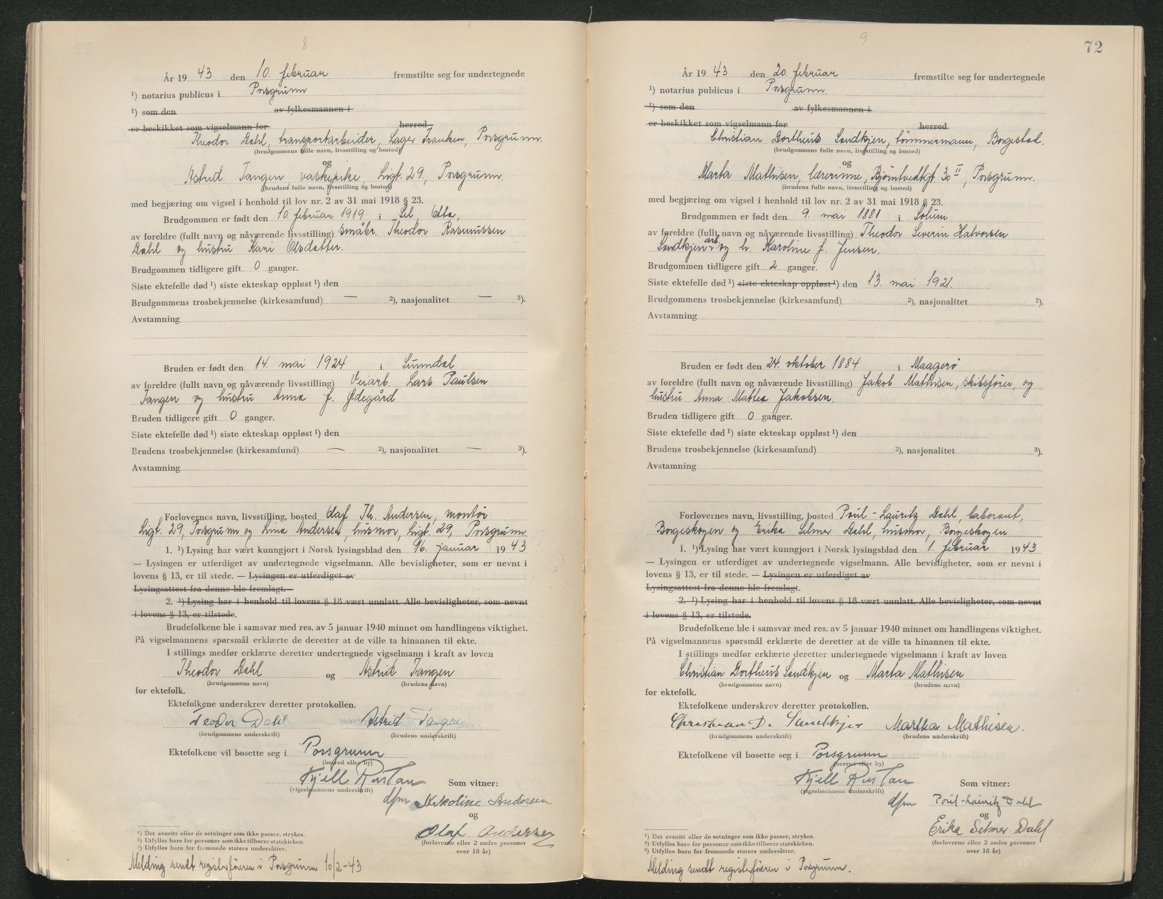 Gjerpen sorenskriveri, SAKO/A-216/L/Lb/L0001: Vigselsprotokoll, 1920-1948, s. 72