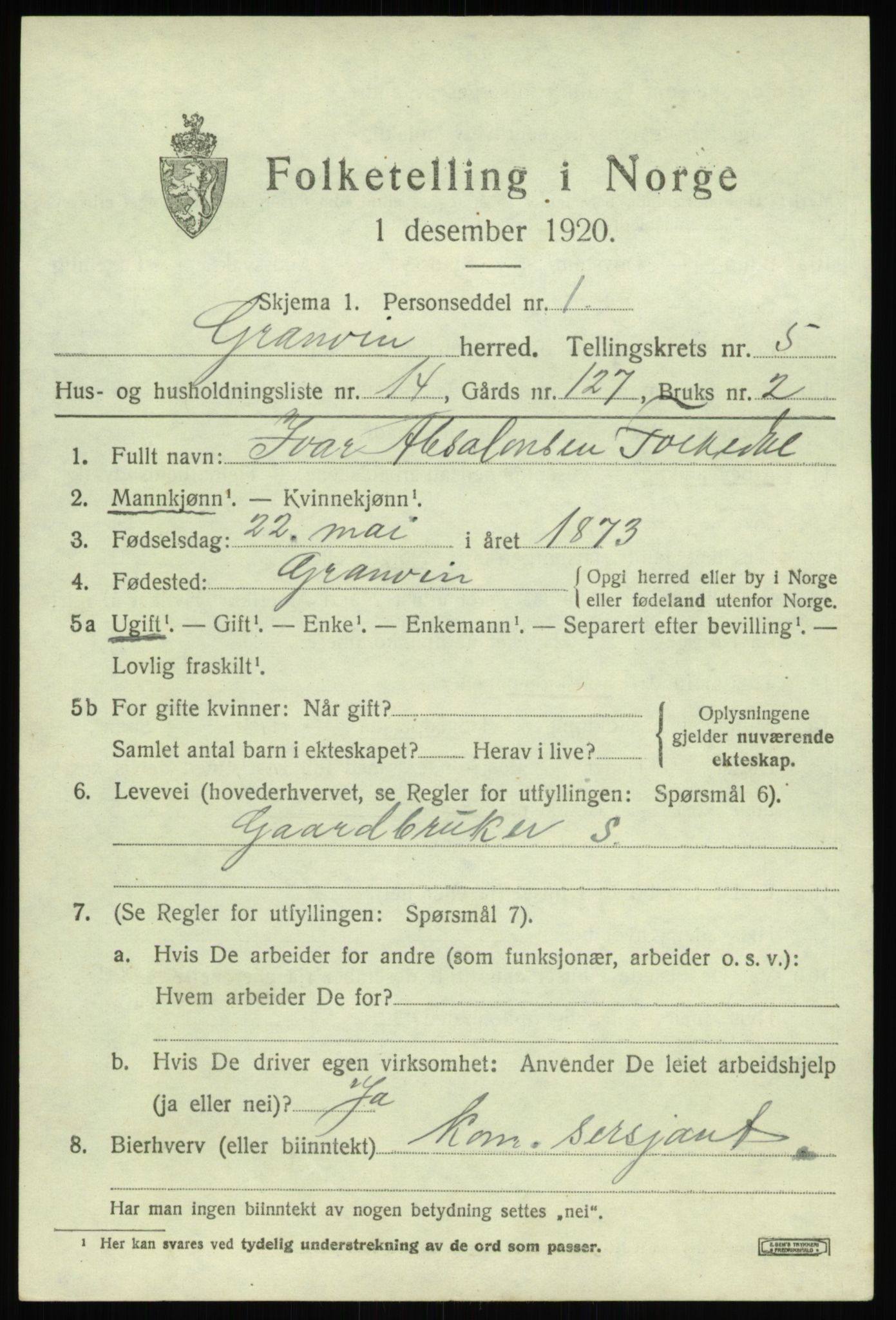 SAB, Folketelling 1920 for 1234 Granvin herred, 1920, s. 2518