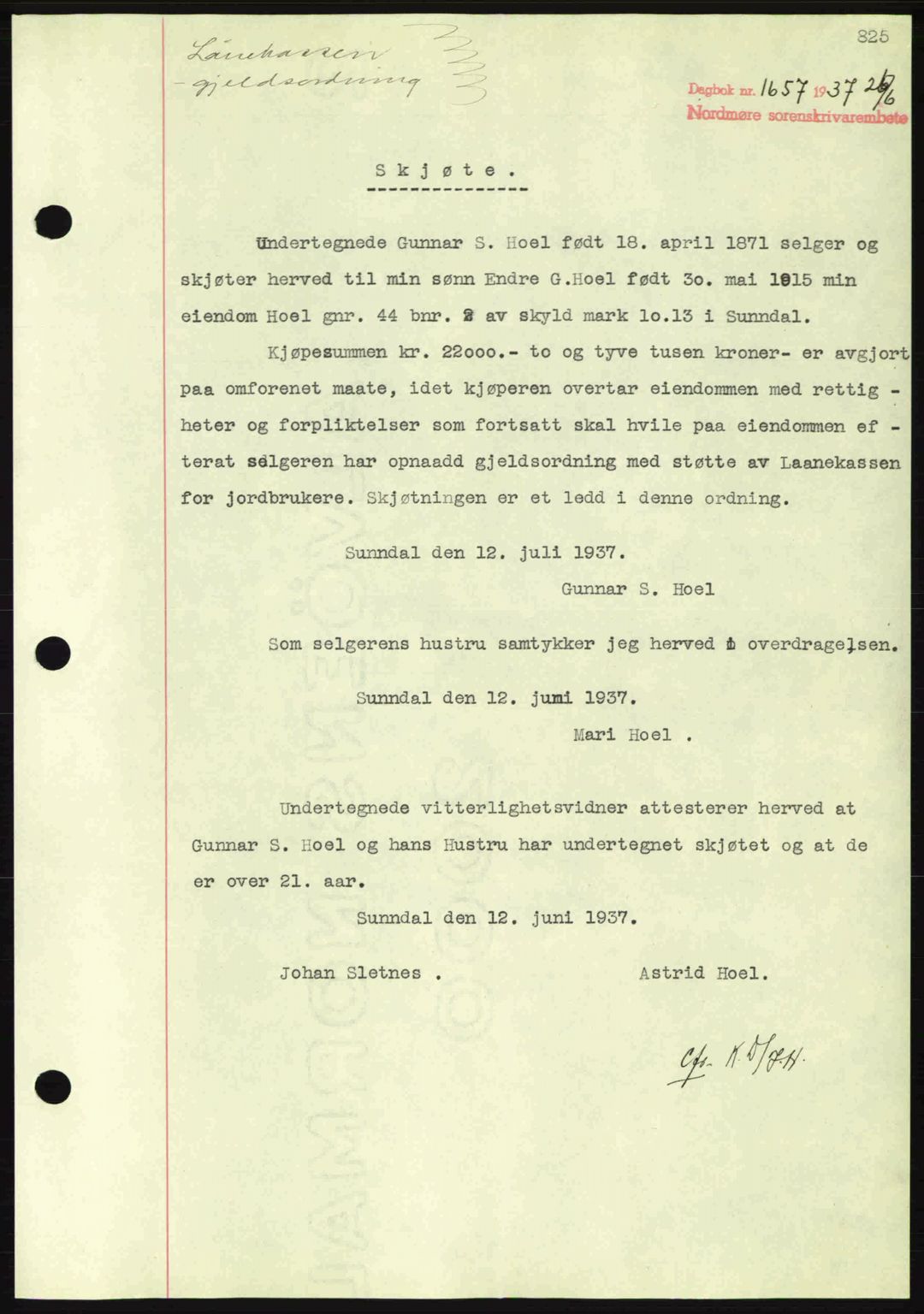 Nordmøre sorenskriveri, SAT/A-4132/1/2/2Ca: Pantebok nr. A81, 1937-1937, Dagboknr: 1657/1937
