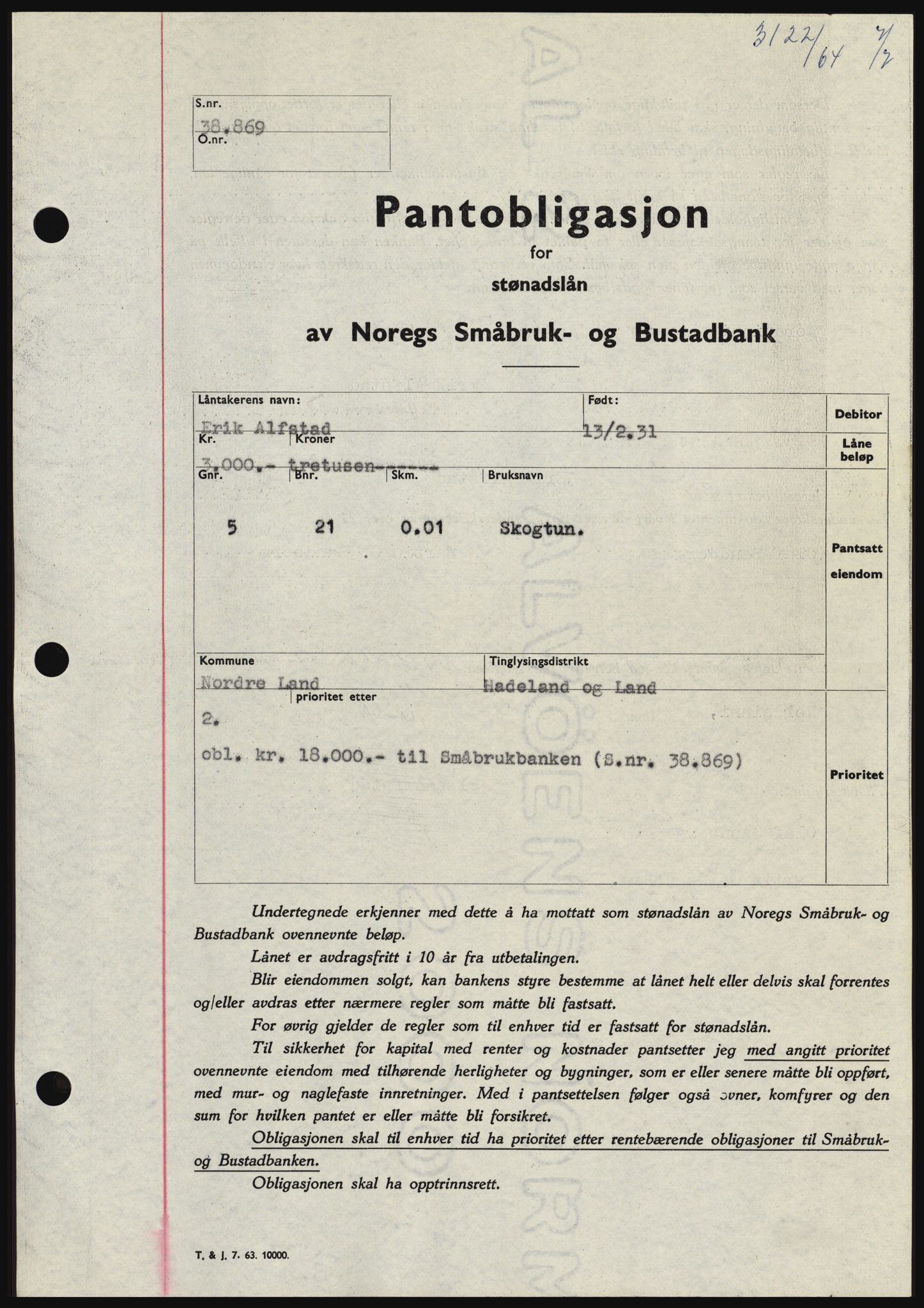 Hadeland og Land tingrett, SAH/TING-010/H/Hb/Hbc/L0055: Pantebok nr. B55, 1964-1964, Dagboknr: 3122/1964