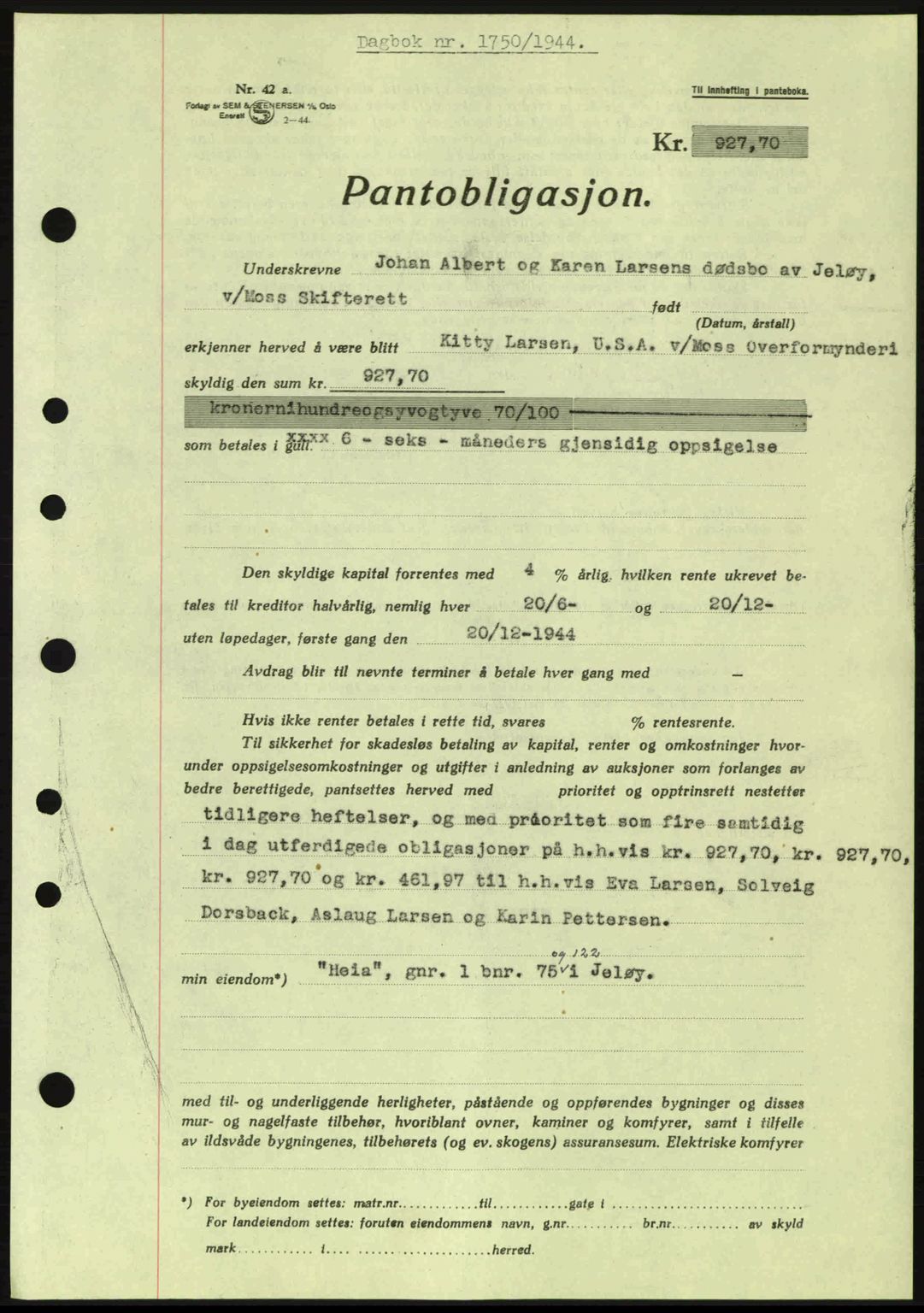 Moss sorenskriveri, SAO/A-10168: Pantebok nr. B13, 1943-1945, Dagboknr: 1750/1944