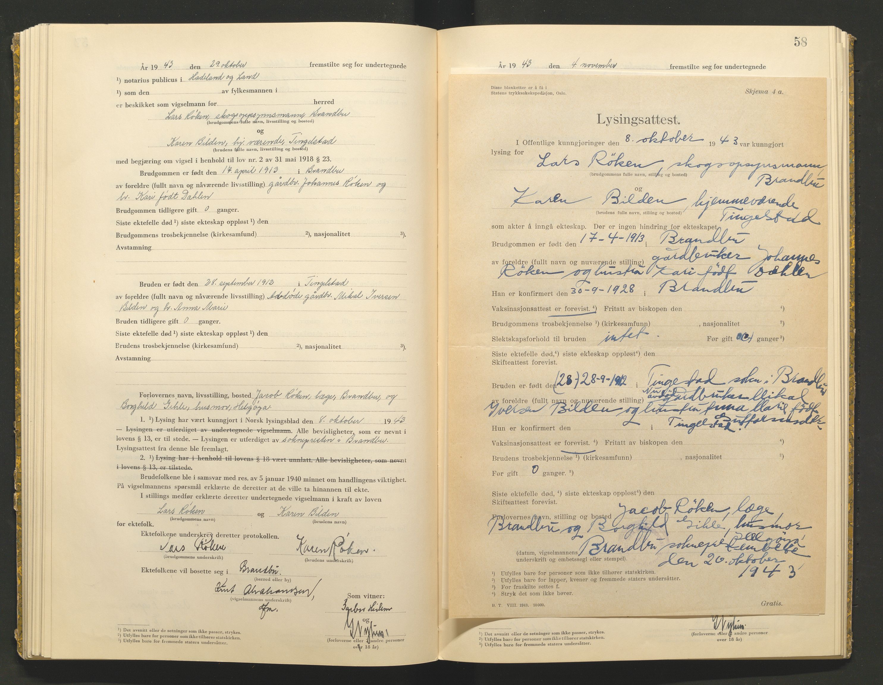 Hadeland og Land tingrett, AV/SAH-TING-010/L/Lb/L0002: Vigselbok, 1943-1944, s. 58