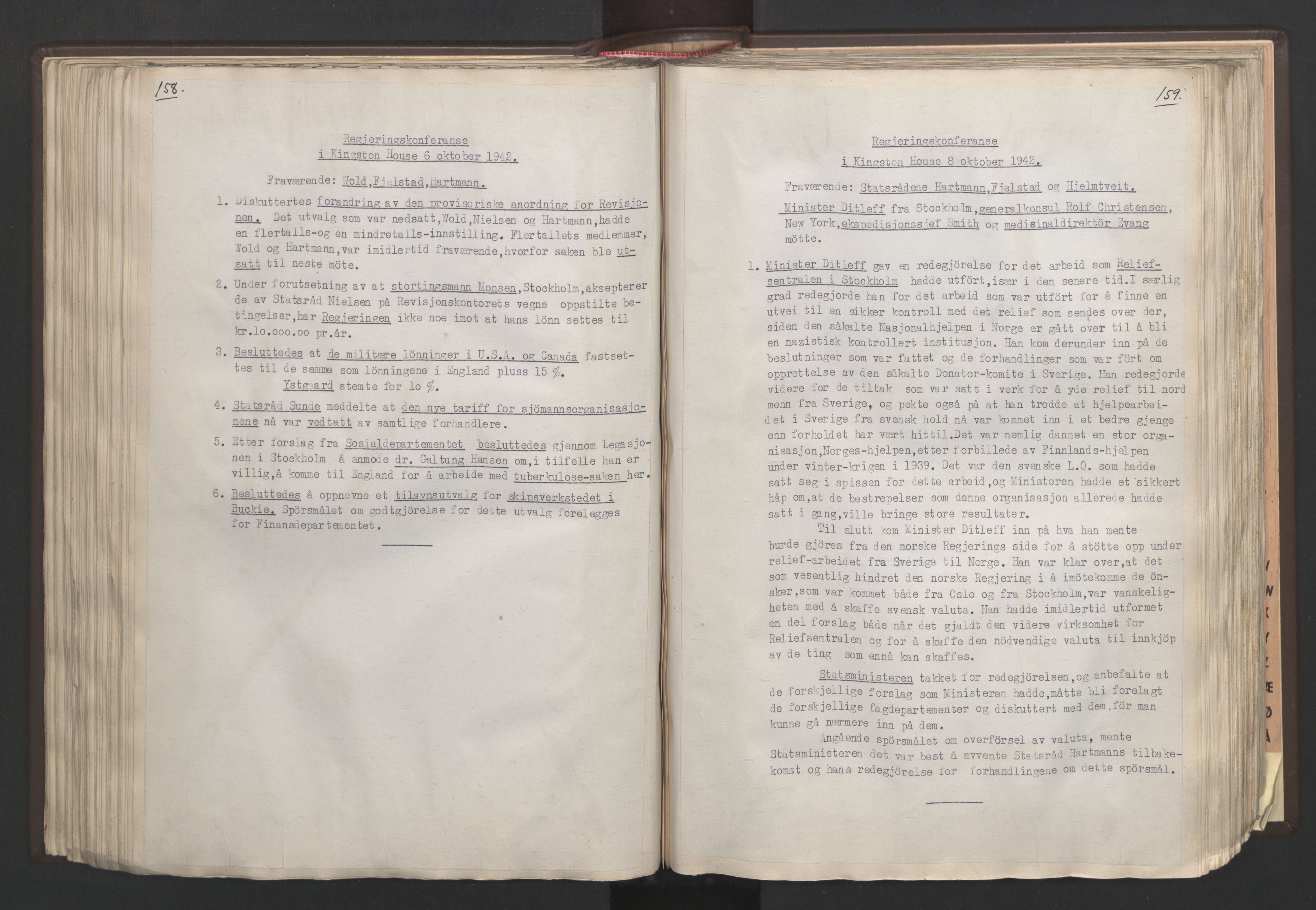 Statsministerens kontor, RA/S-1005/A/Aa/L0002: Referat fra regjeringskonferanser, 1942-1943, s. 158-159