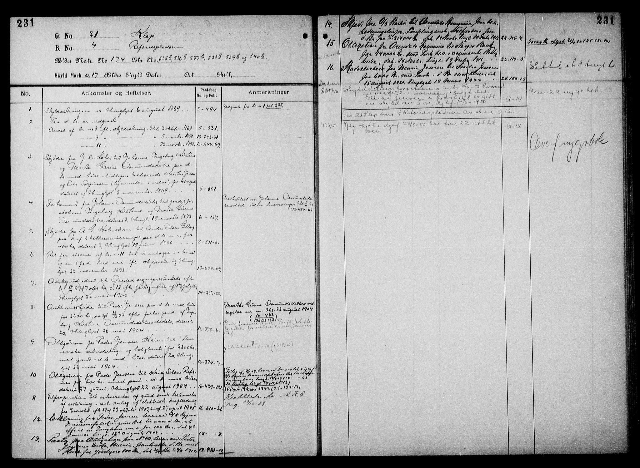 Nedenes sorenskriveri, SAK/1221-0006/G/Ga/Gaa/L0065: Panteregister nr. 55, 1800-1955, s. 231