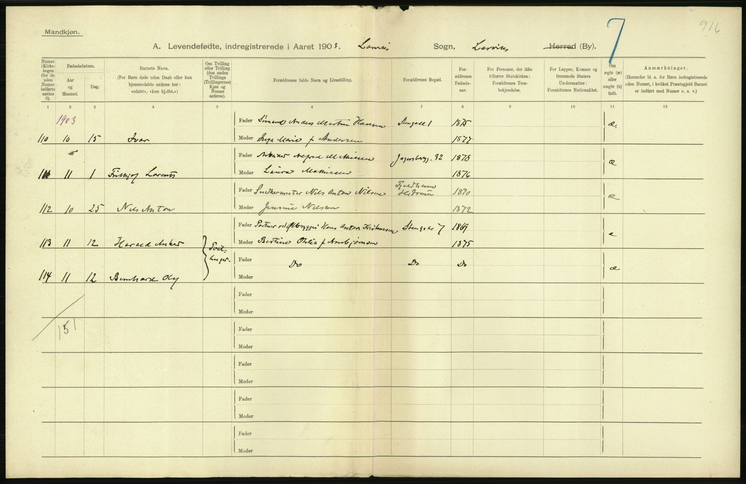 Statistisk sentralbyrå, Sosiodemografiske emner, Befolkning, AV/RA-S-2228/D/Df/Dfa/Dfaa/L0008: Jarlsberg og Larvik amt: Fødte, gifte, døde, 1903, s. 246