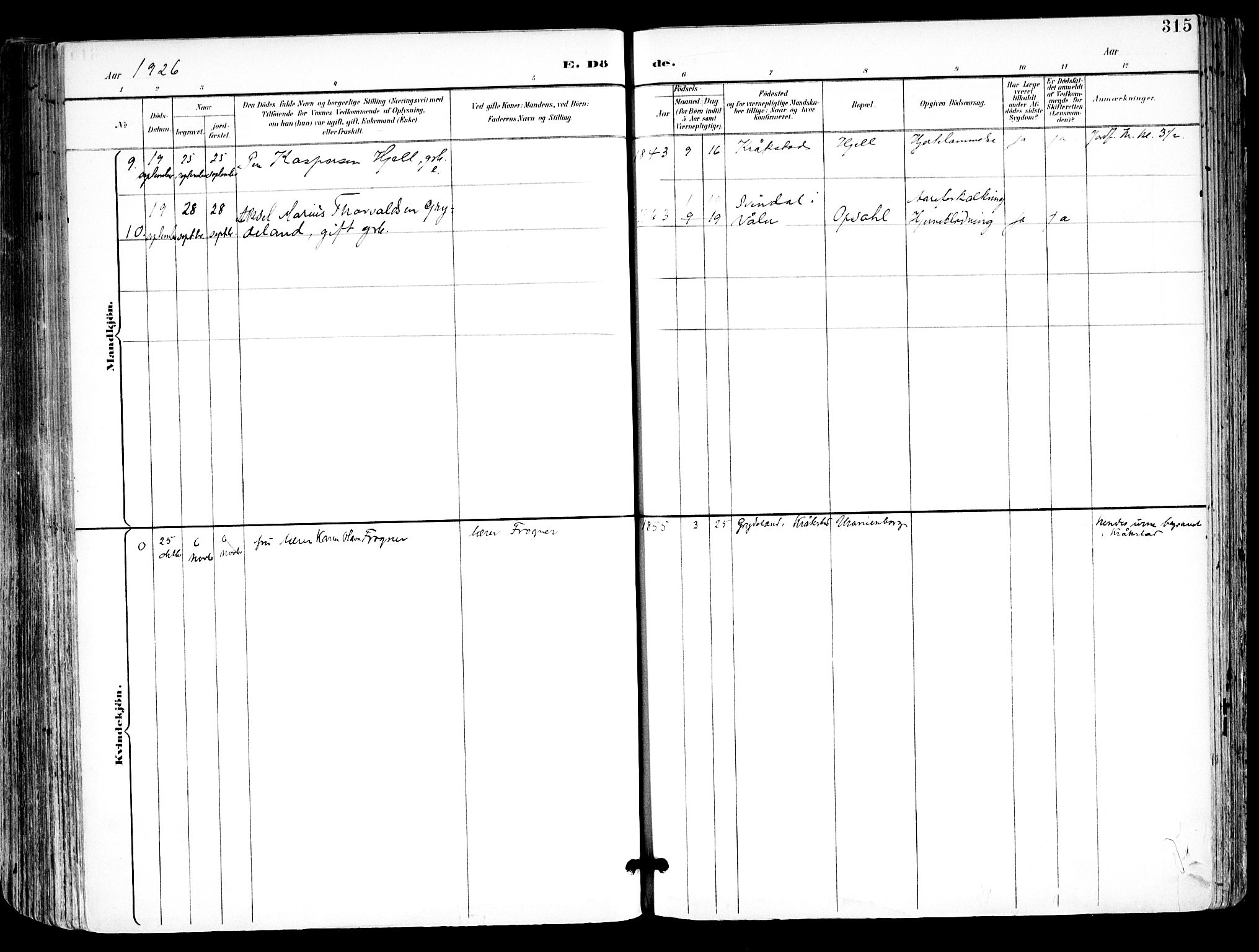 Kråkstad prestekontor Kirkebøker, SAO/A-10125a/F/Fa/L0010: Ministerialbok nr. I 10, 1893-1931, s. 315