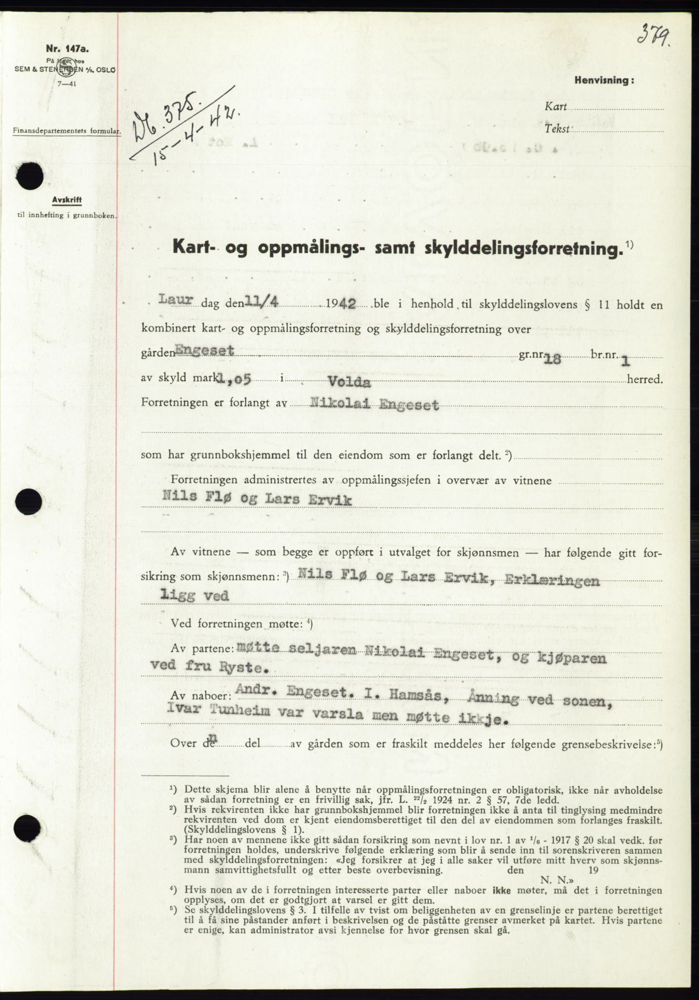 Søre Sunnmøre sorenskriveri, AV/SAT-A-4122/1/2/2C/L0073: Pantebok nr. 67, 1941-1942, Dagboknr: 375/1942