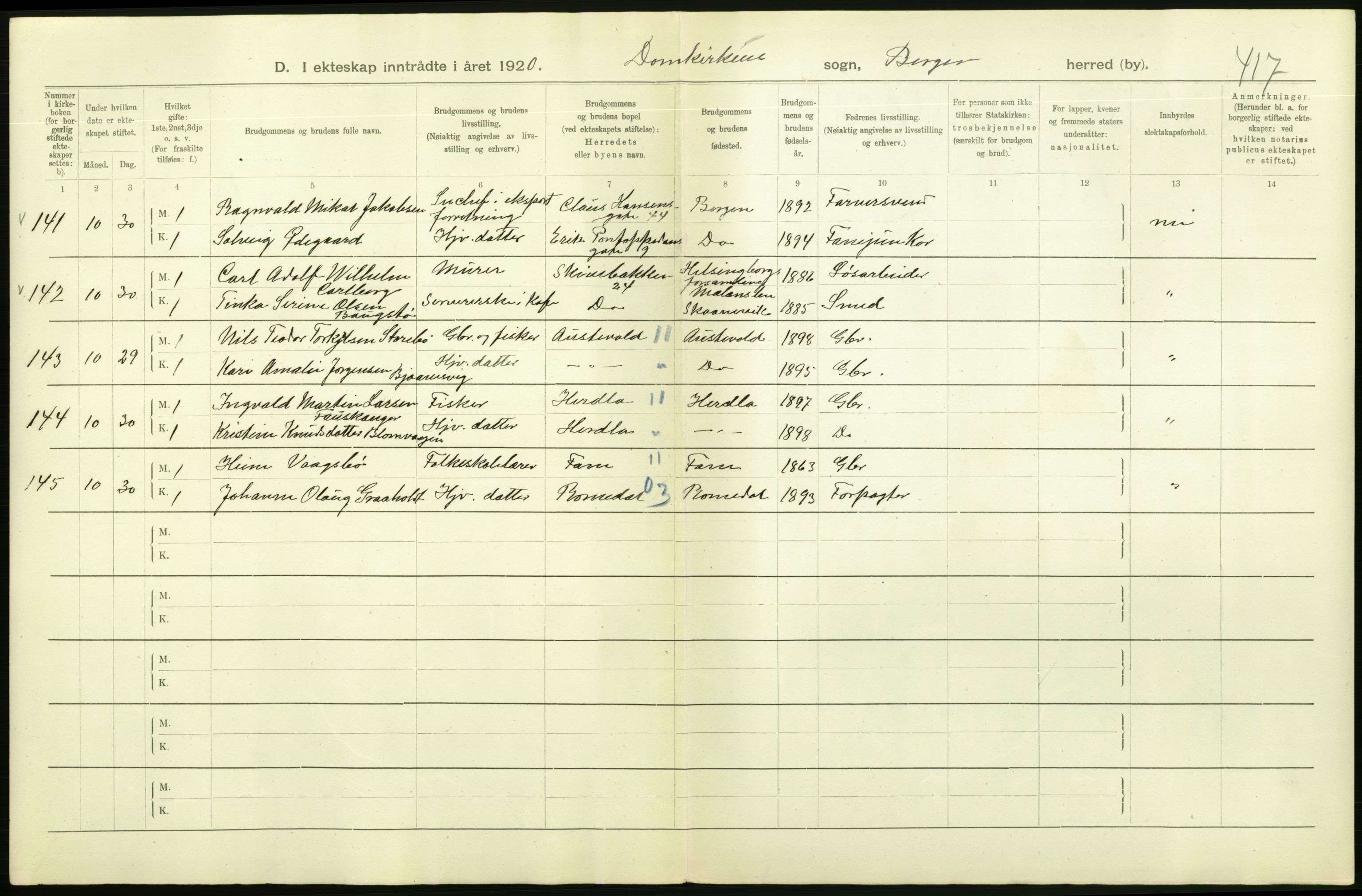 Statistisk sentralbyrå, Sosiodemografiske emner, Befolkning, AV/RA-S-2228/D/Df/Dfb/Dfbj/L0042: Bergen: Gifte, døde, dødfødte., 1920, s. 226