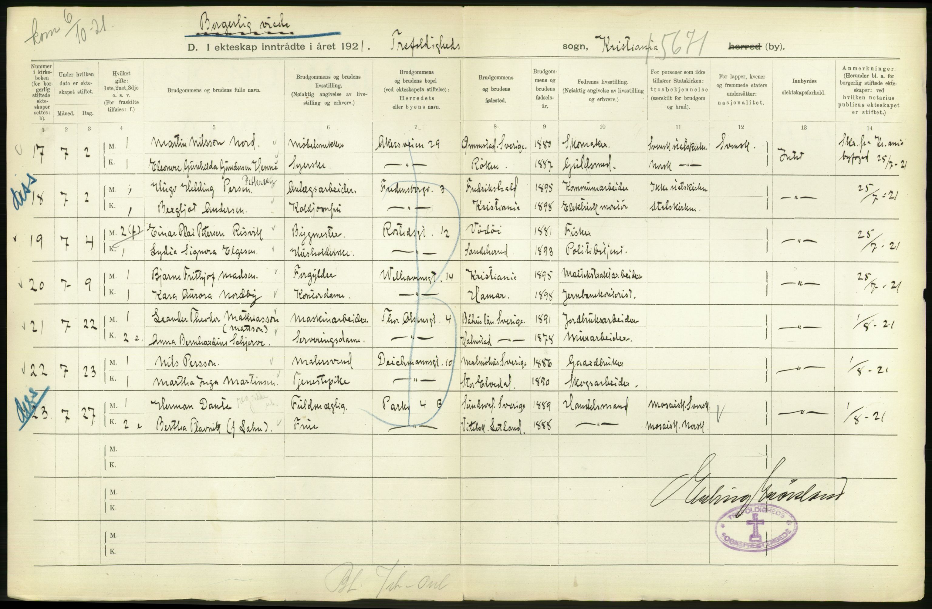 Statistisk sentralbyrå, Sosiodemografiske emner, Befolkning, RA/S-2228/D/Df/Dfc/Dfca/L0011: Kristiania: Gifte, 1921, s. 66