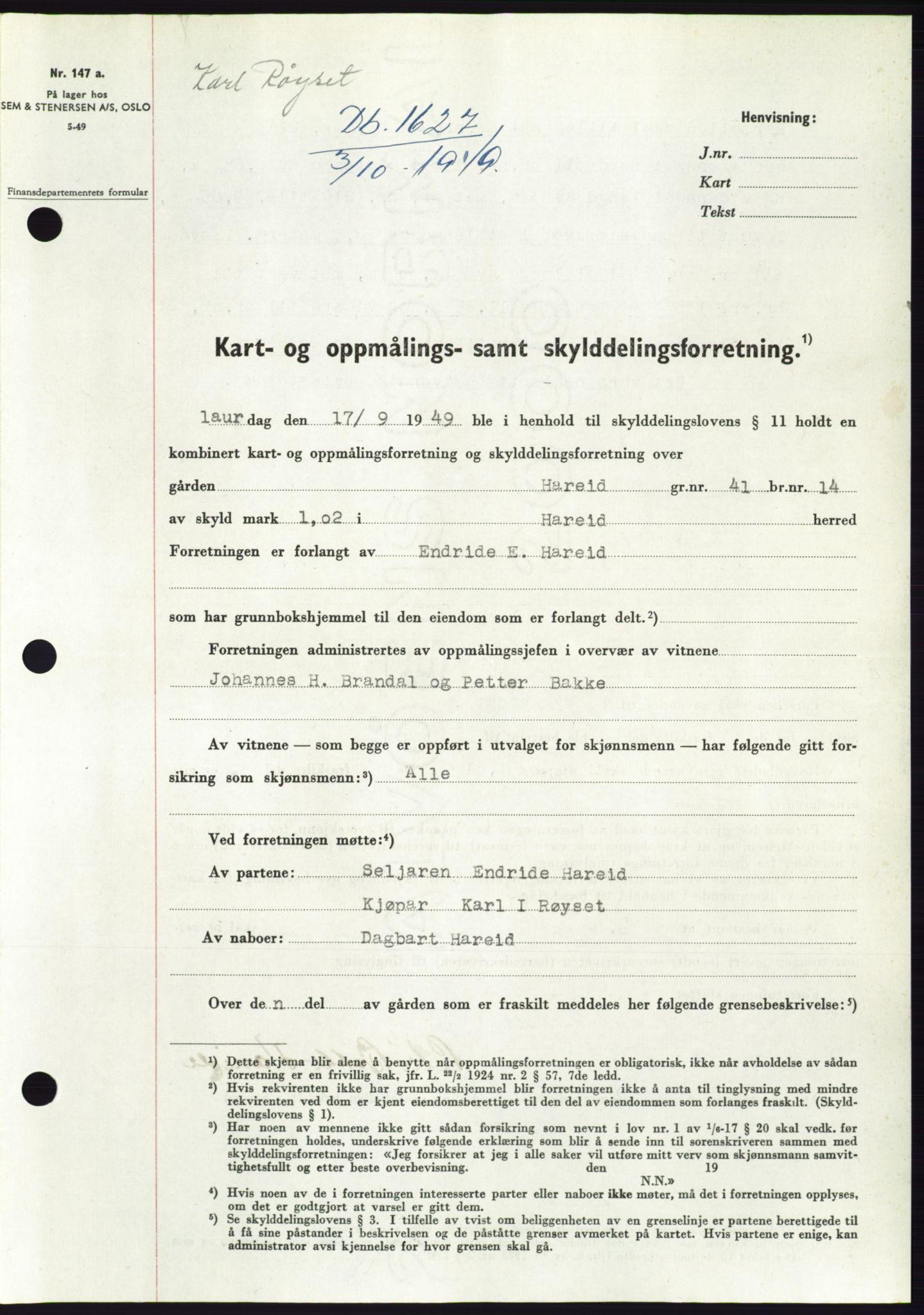 Søre Sunnmøre sorenskriveri, SAT/A-4122/1/2/2C/L0085: Pantebok nr. 11A, 1949-1949, Dagboknr: 1627/1949