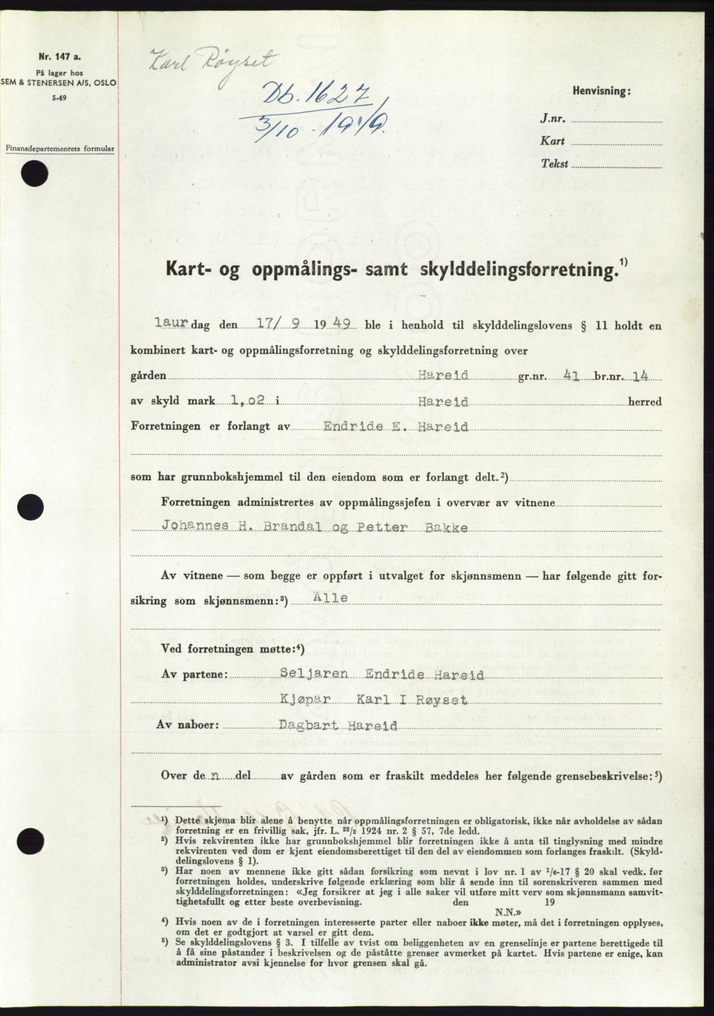 Søre Sunnmøre sorenskriveri, AV/SAT-A-4122/1/2/2C/L0085: Pantebok nr. 11A, 1949-1949, Dagboknr: 1627/1949