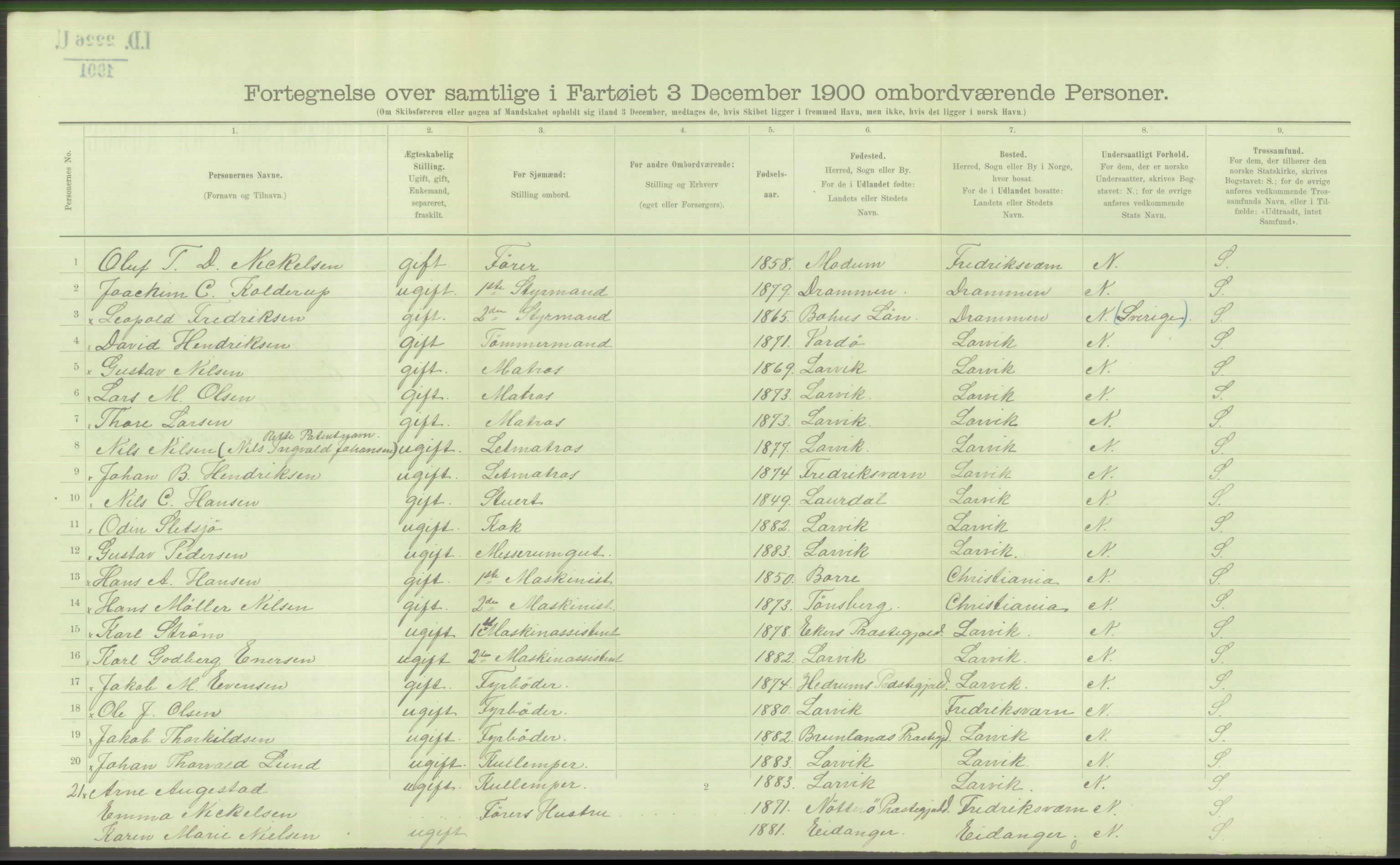 RA, Folketelling 1900 - skipslister med personlister for skip i norske havner, utenlandske havner og til havs, 1900, s. 4744