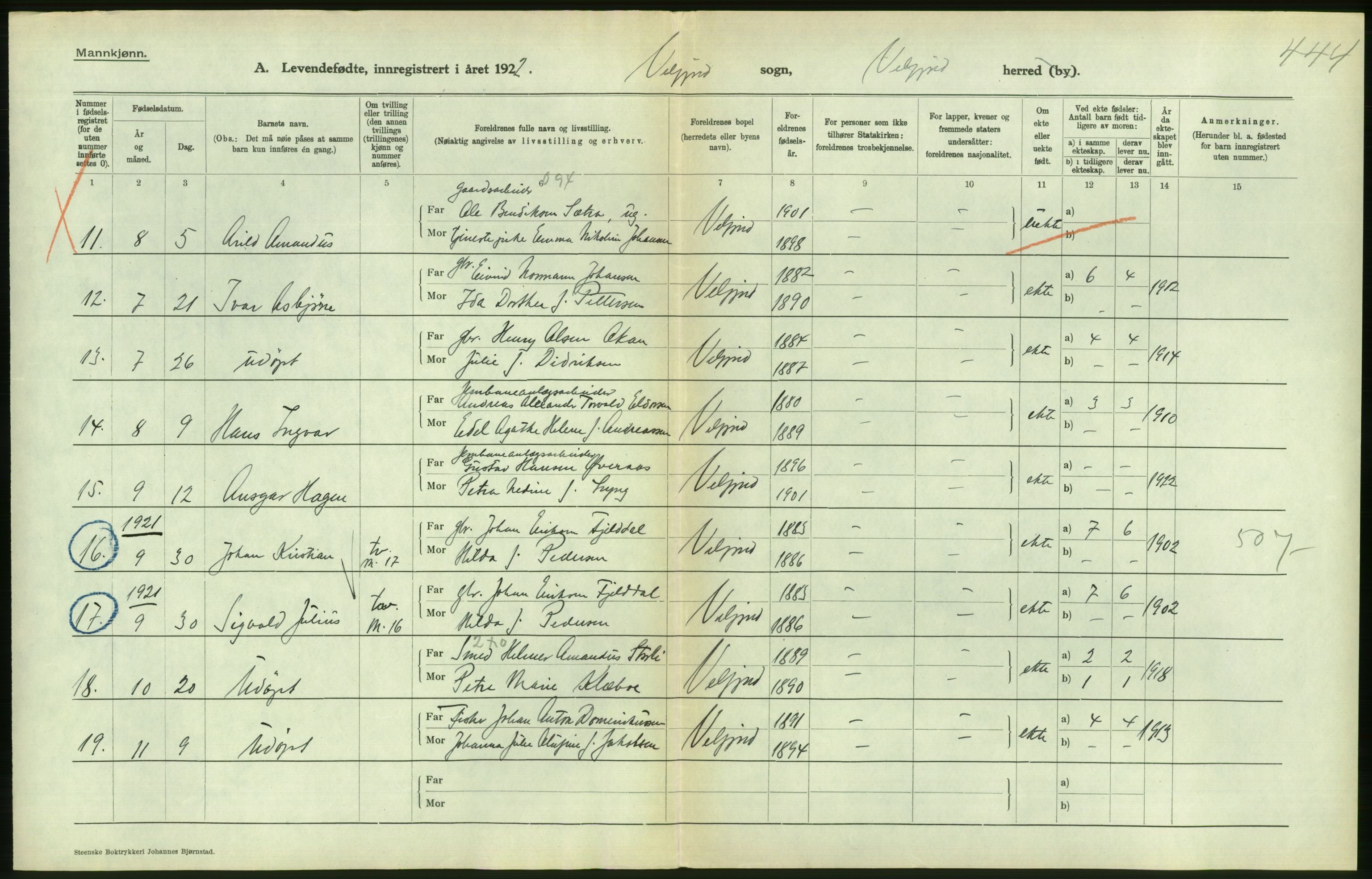 Statistisk sentralbyrå, Sosiodemografiske emner, Befolkning, AV/RA-S-2228/D/Df/Dfc/Dfcb/L0044: Nordland fylke: Levendefødte menn og kvinner. Bygder og byer., 1922, s. 552