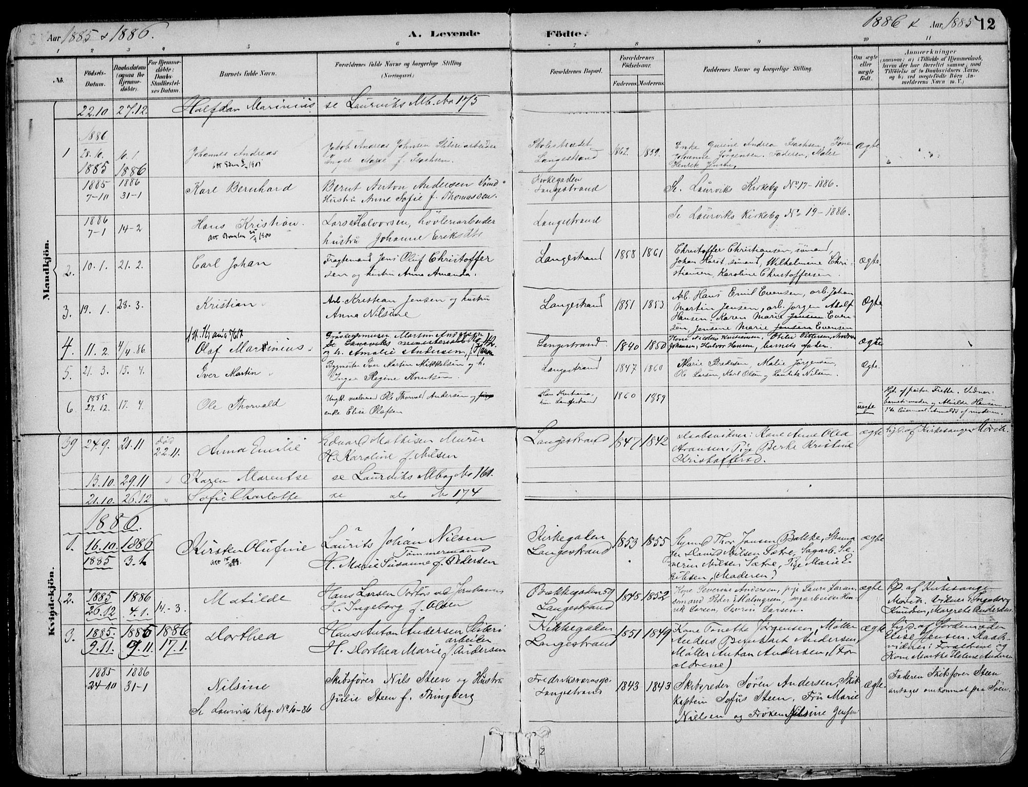 Larvik kirkebøker, AV/SAKO-A-352/F/Fb/L0004: Ministerialbok nr. II 4, 1884-1902, s. 12