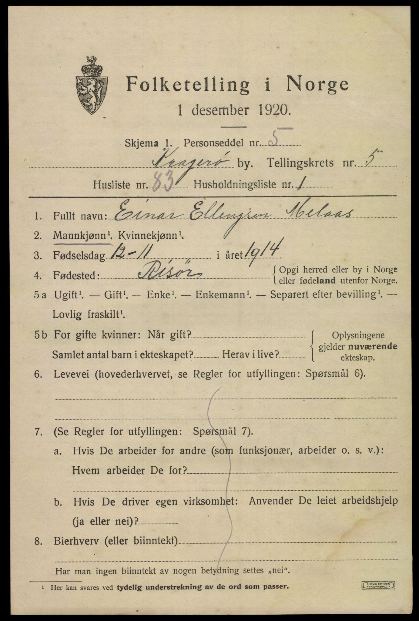 SAKO, Folketelling 1920 for 0801 Kragerø kjøpstad, 1920, s. 9009