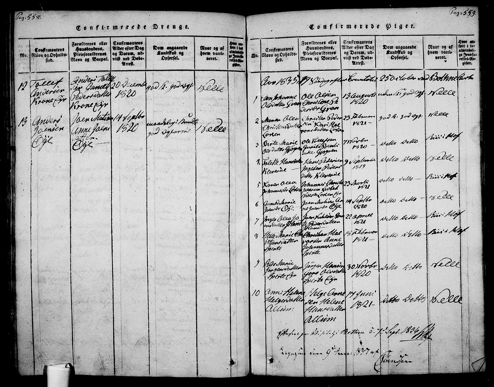 Botne kirkebøker, AV/SAKO-A-340/F/Fa/L0005: Ministerialbok nr. I 5, 1814-1836, s. 558-559