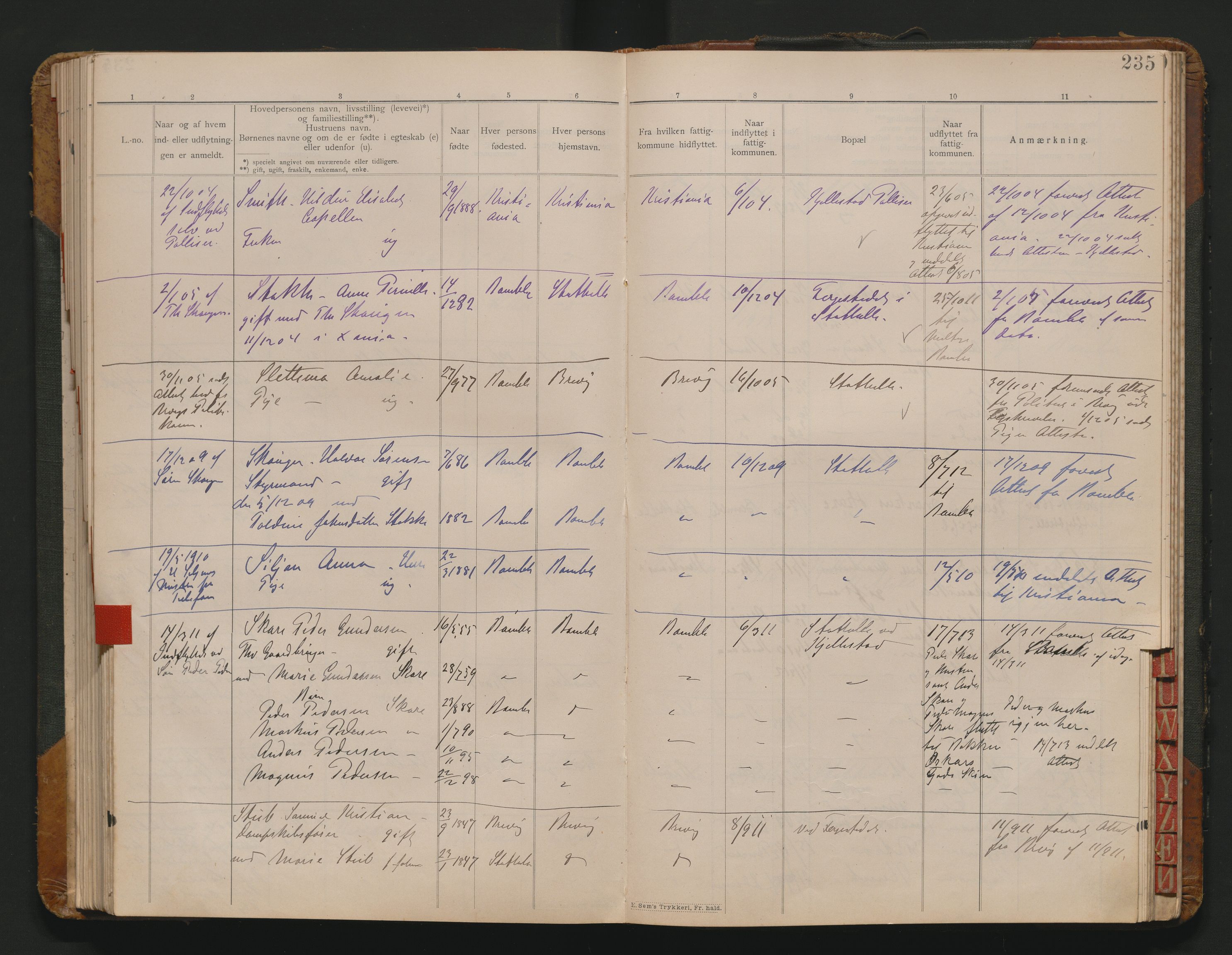 Bamble lensmannskontor, AV/SAKO-A-552/O/Oa/L0005: Protokoll over inn- og utflyttede - Stathelle, 1901-1930, s. 114