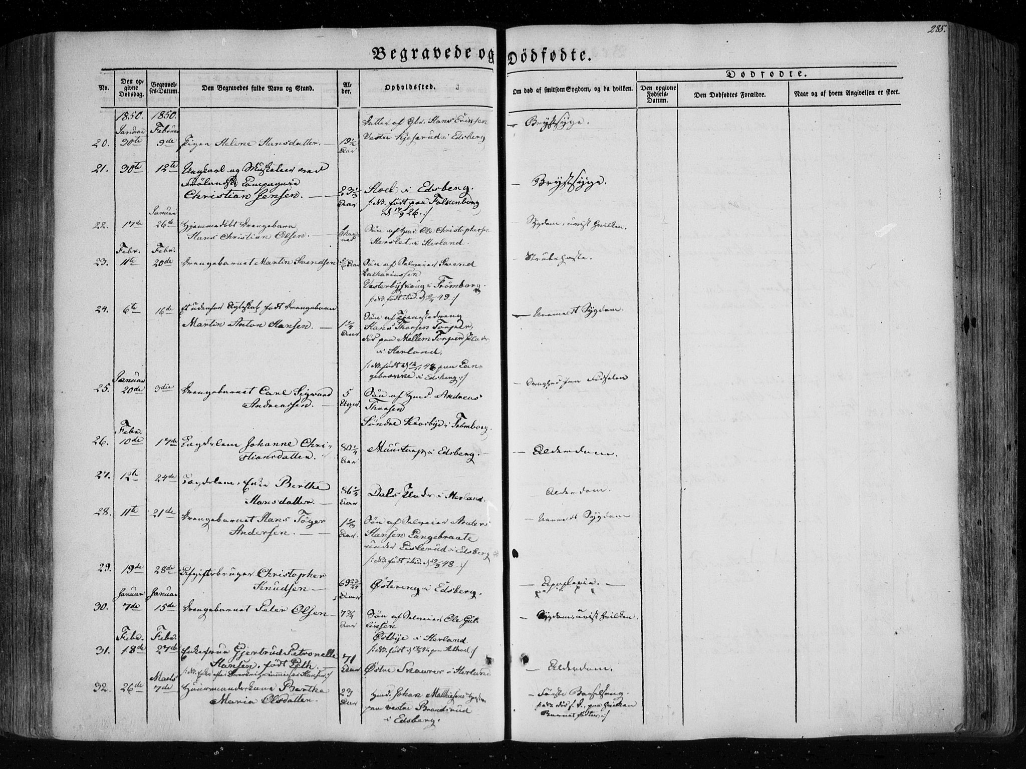 Eidsberg prestekontor Kirkebøker, AV/SAO-A-10905/F/Fa/L0009: Ministerialbok nr. I 9, 1849-1856, s. 285