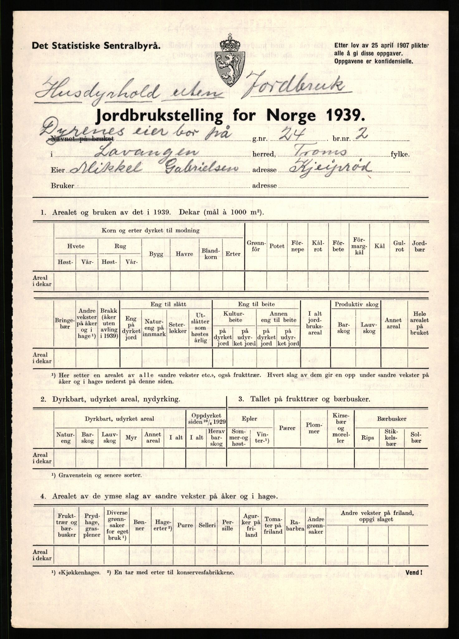 Statistisk sentralbyrå, Næringsøkonomiske emner, Jordbruk, skogbruk, jakt, fiske og fangst, AV/RA-S-2234/G/Gb/L0339: Troms: Andørja, Astafjord og Lavangen, 1939, s. 849