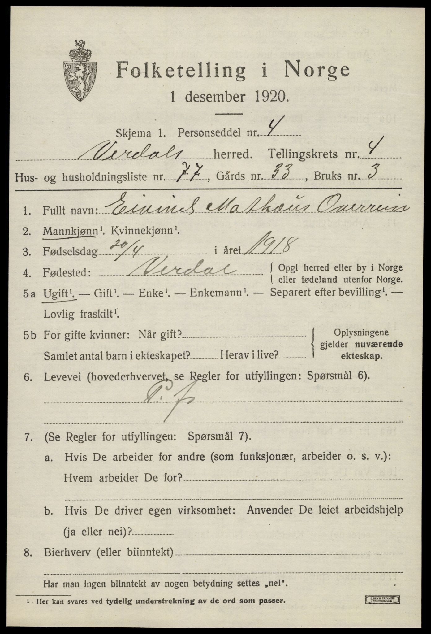 SAT, Folketelling 1920 for 1721 Verdal herred, 1920, s. 8563