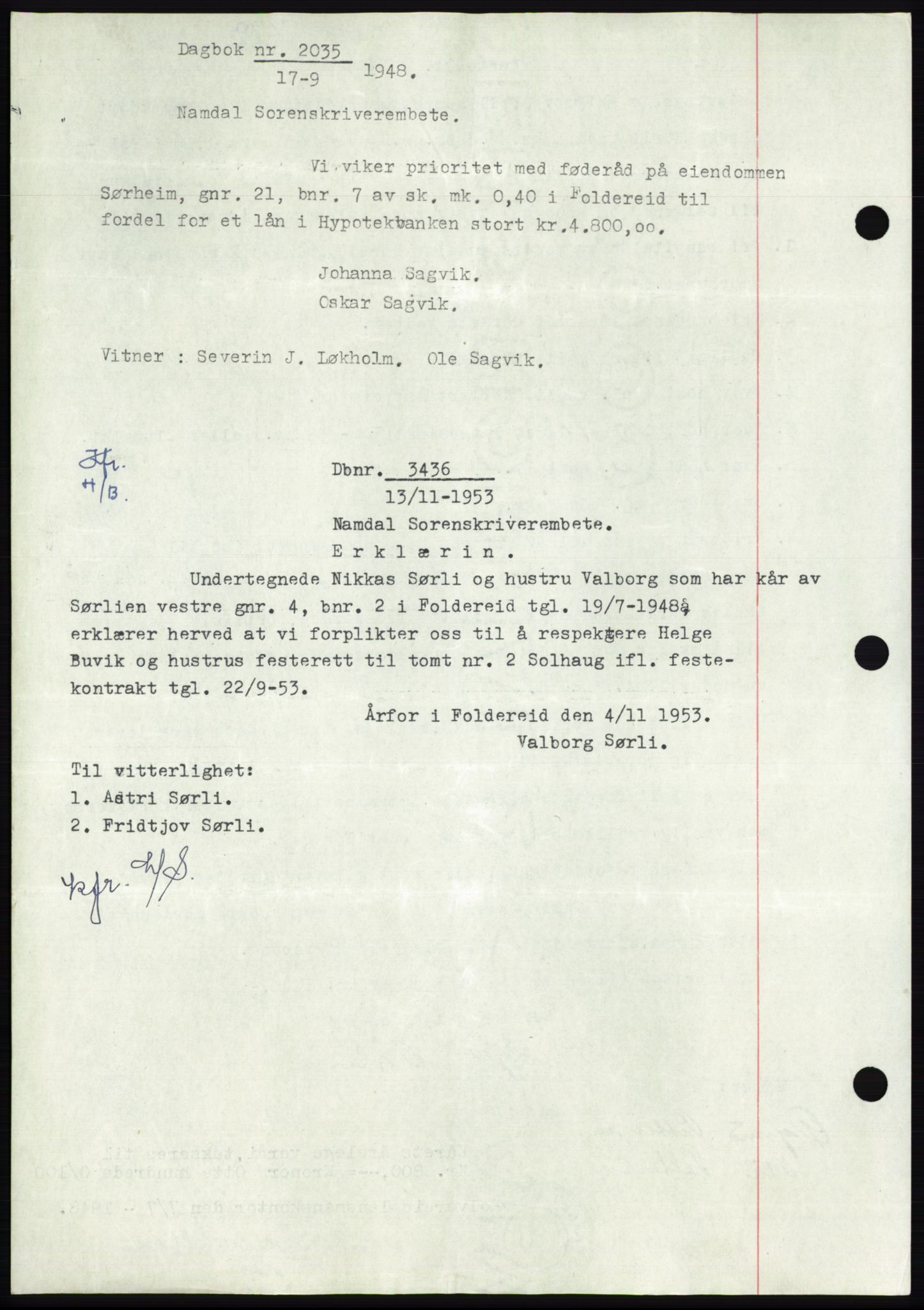 Namdal sorenskriveri, SAT/A-4133/1/2/2C: Pantebok nr. -, 1948-1948, Dagboknr: 2035/1948