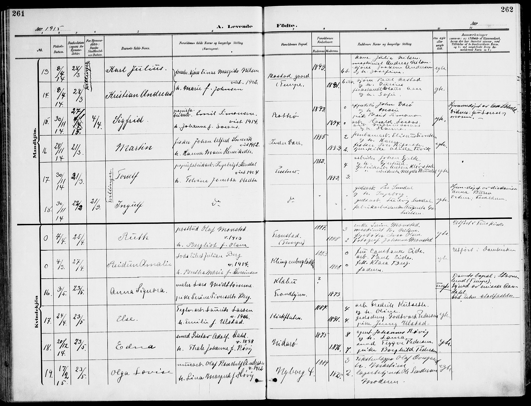 Ministerialprotokoller, klokkerbøker og fødselsregistre - Sør-Trøndelag, AV/SAT-A-1456/607/L0320: Ministerialbok nr. 607A04, 1907-1915, s. 261-262