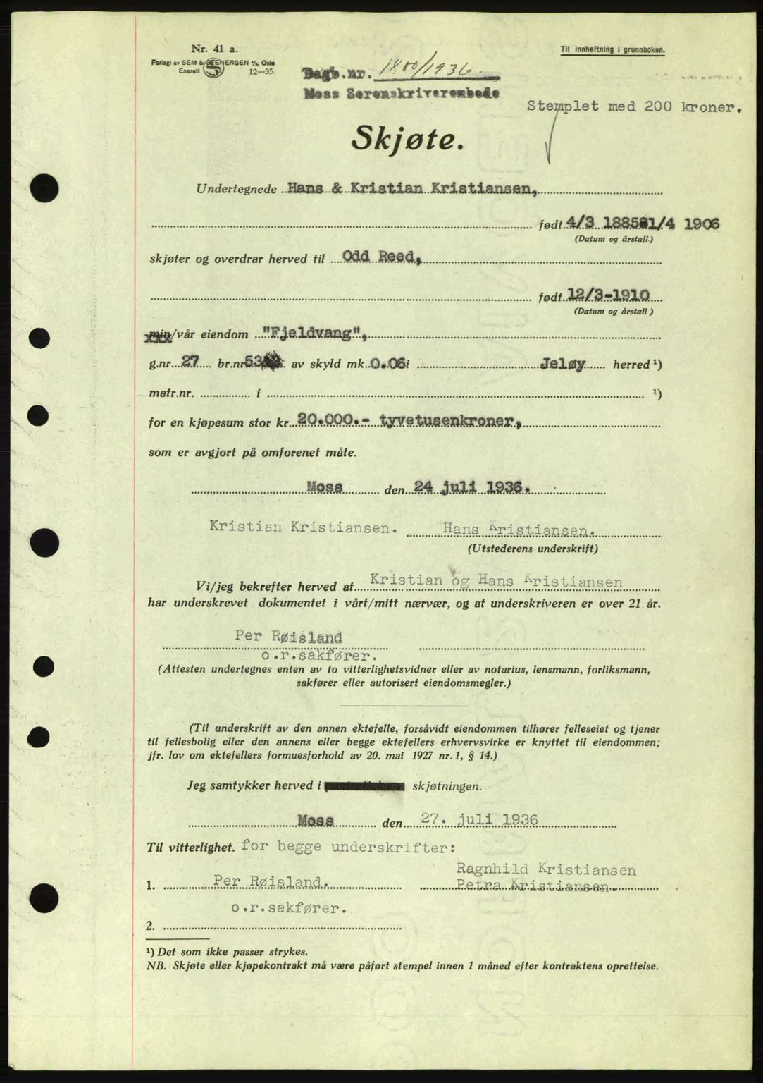 Moss sorenskriveri, SAO/A-10168: Pantebok nr. A1, 1936-1936, Dagboknr: 1800/1936