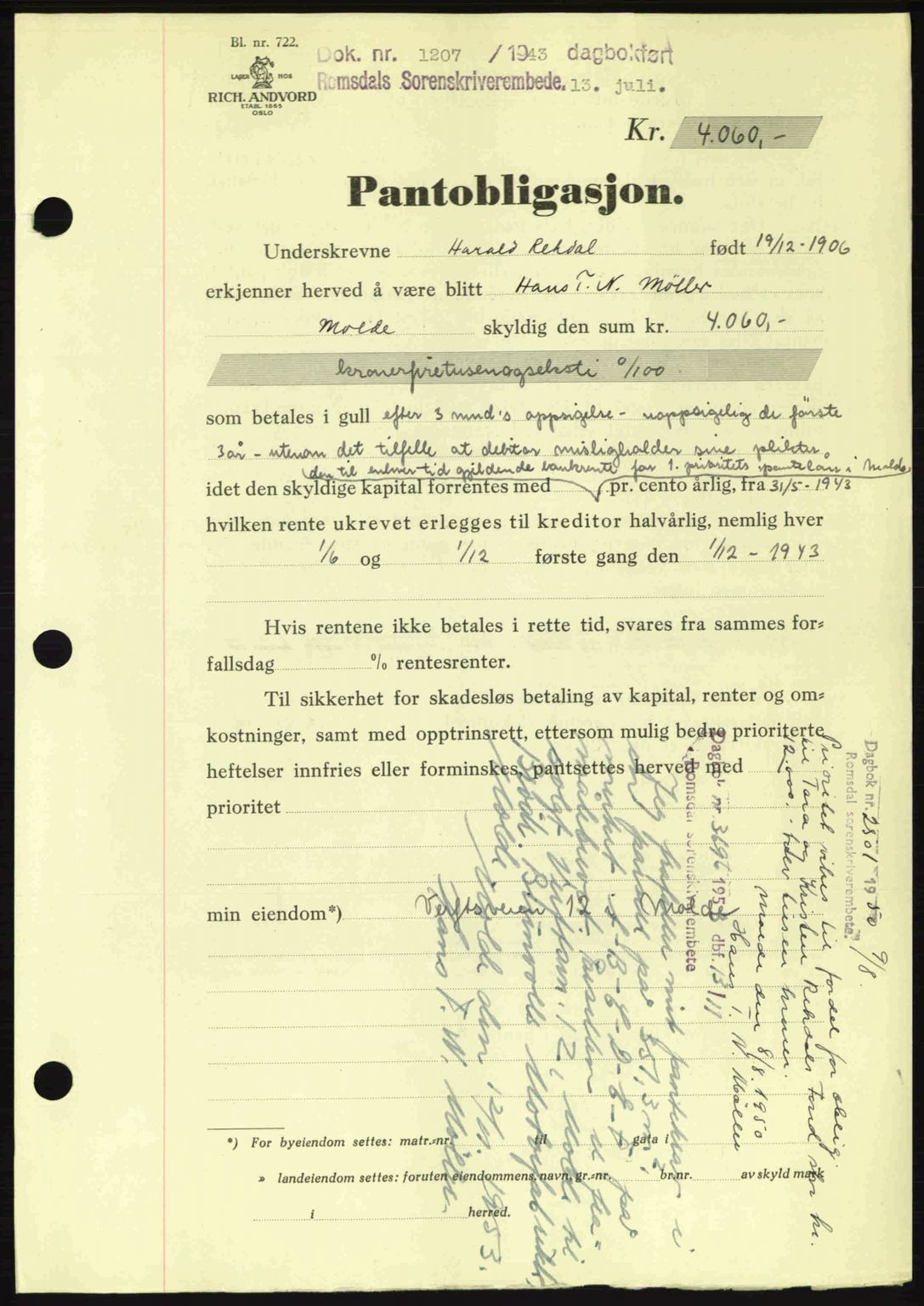 Romsdal sorenskriveri, SAT/A-4149/1/2/2C: Pantebok nr. B2, 1939-1945, Dagboknr: 1207/1943