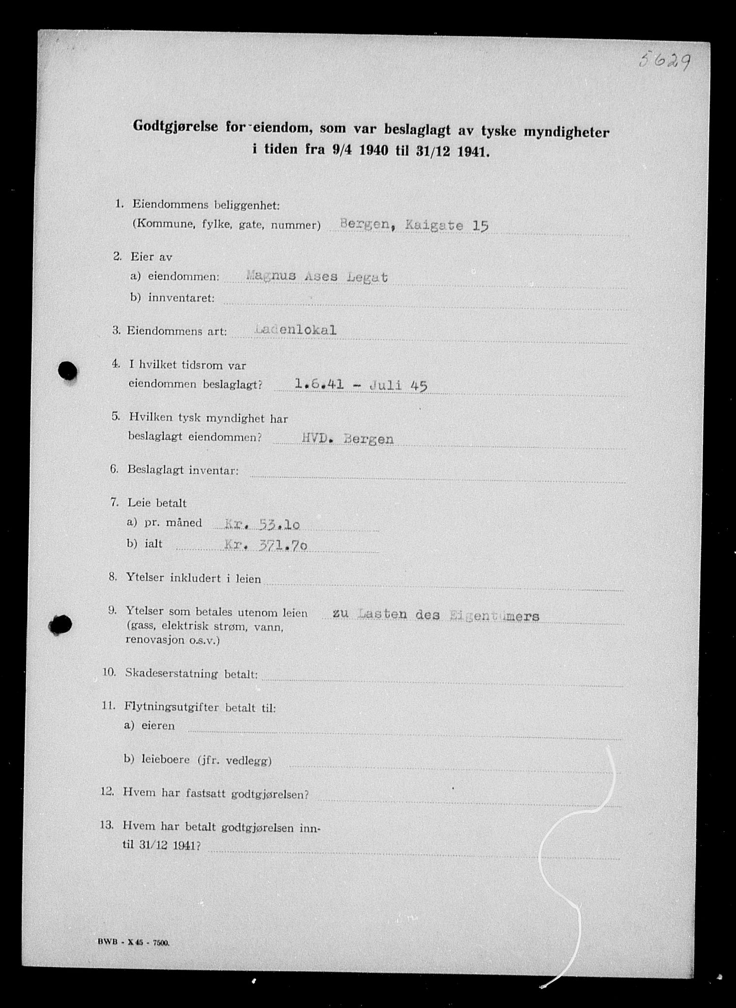 Justisdepartementet, Tilbakeføringskontoret for inndratte formuer, AV/RA-S-1564/I/L1016: Godtgjørelse for beslaglagt eiendom, 1940-1941, s. 7