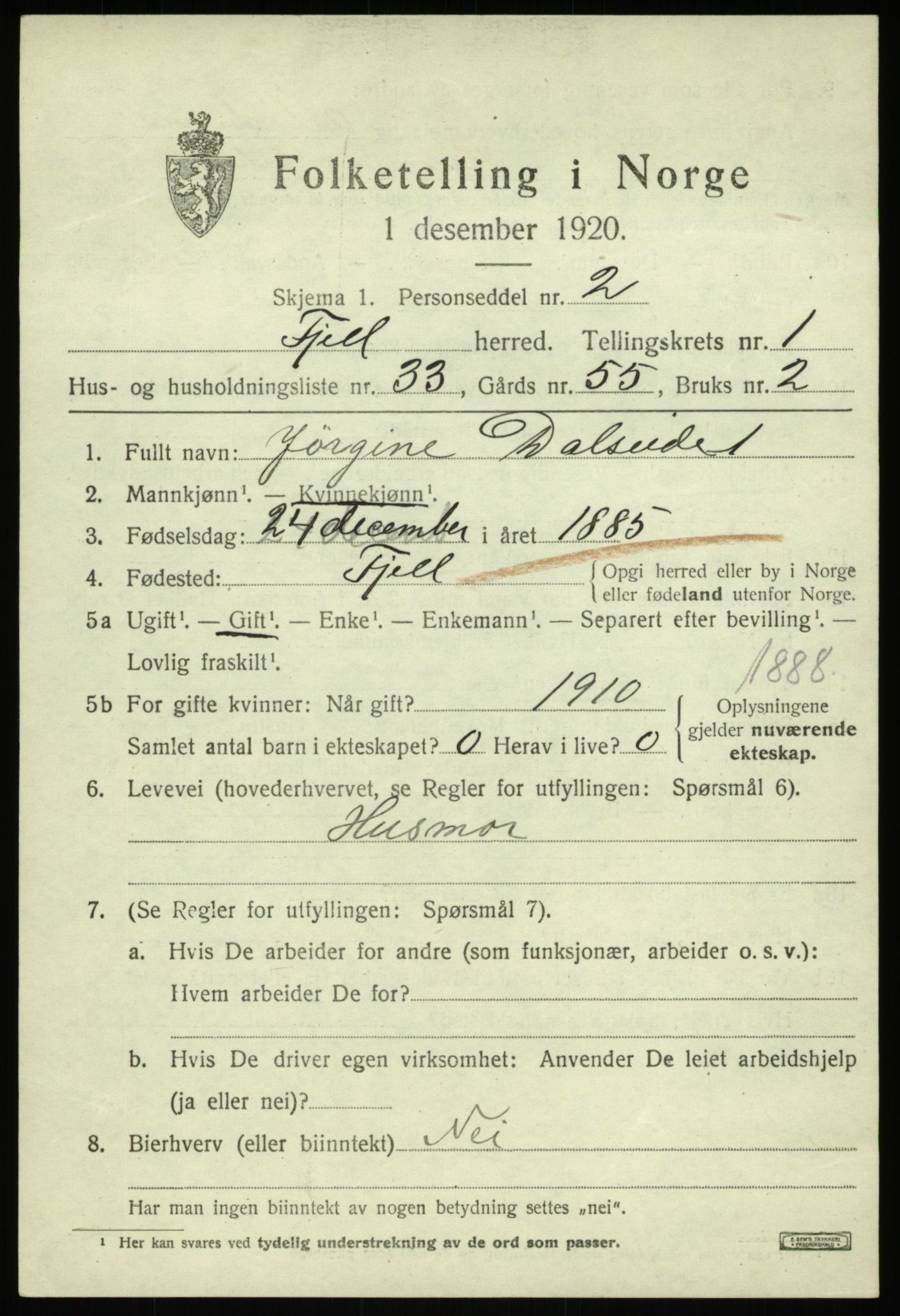 SAB, Folketelling 1920 for 1246 Fjell herred, 1920, s. 1878