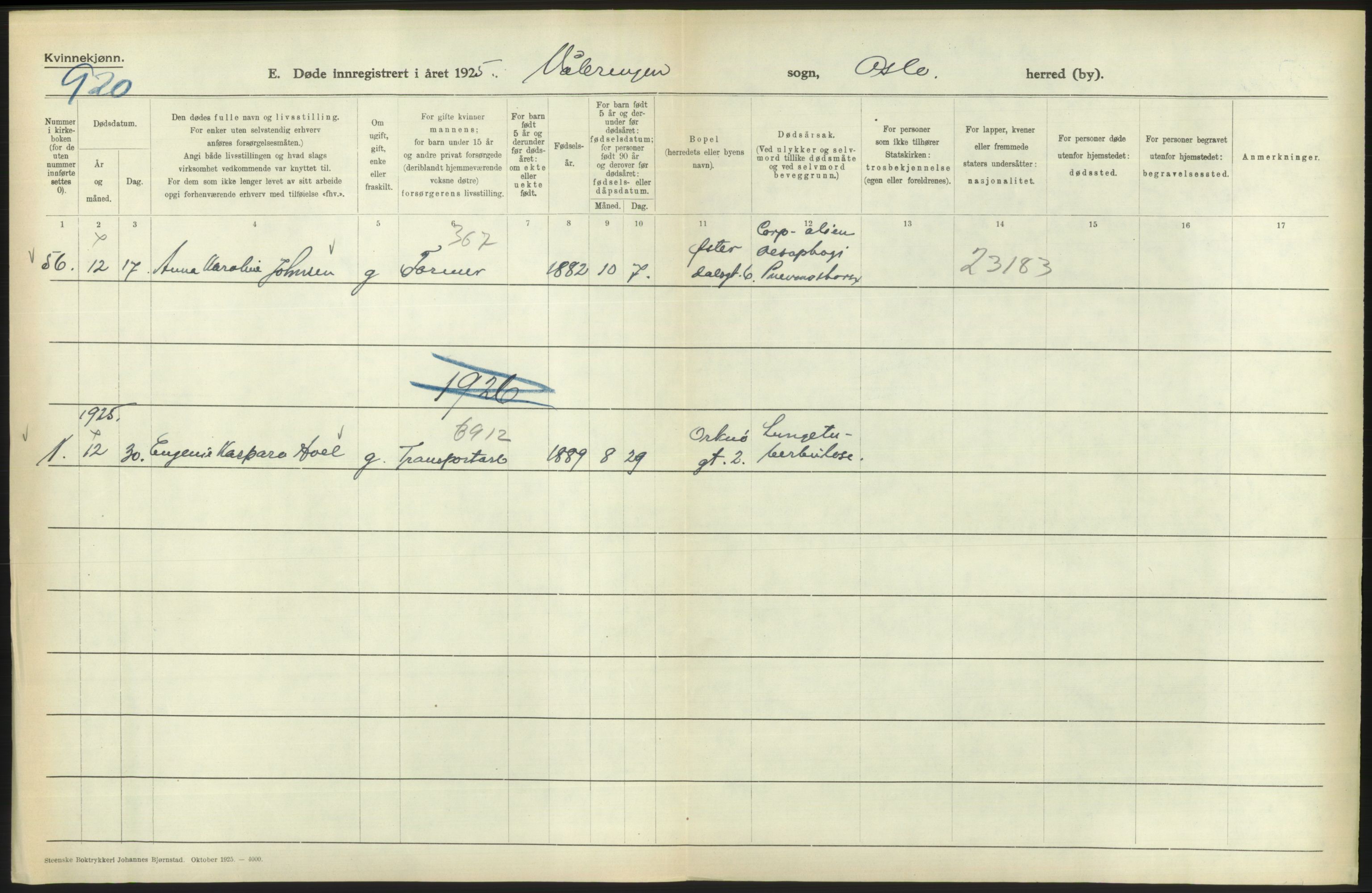 Statistisk sentralbyrå, Sosiodemografiske emner, Befolkning, AV/RA-S-2228/D/Df/Dfc/Dfce/L0010: Oslo: Døde kvinner, dødfødte, 1925, s. 482