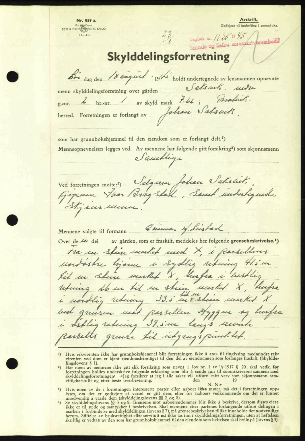 Strinda og Selbu sorenskriveri, SAT/A-0015/2/2C: Pantebok nr. A9, 1944-1945, Dagboknr: 1625/1945