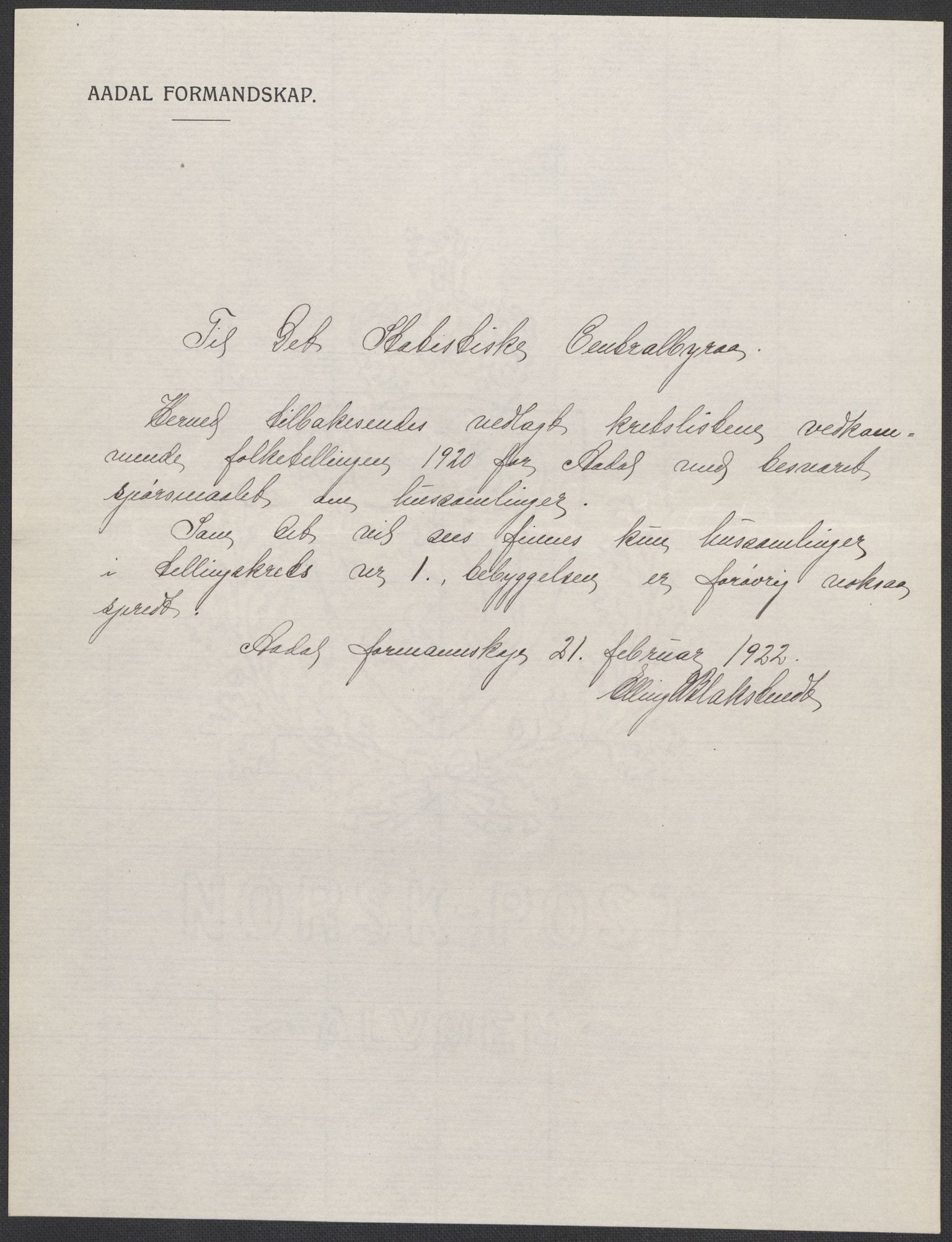 SAKO, Folketelling 1920 for 0614 Ådal herred, 1920, s. 2
