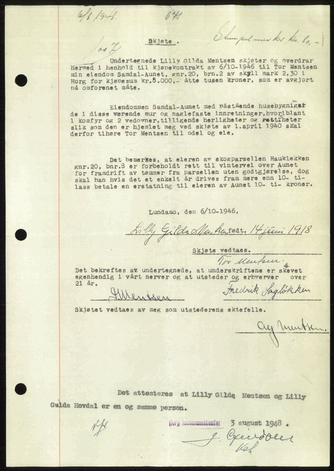 Gauldal sorenskriveri, SAT/A-0014/1/2/2C: Pantebok nr. A6, 1948-1948, Dagboknr: 1007/1948