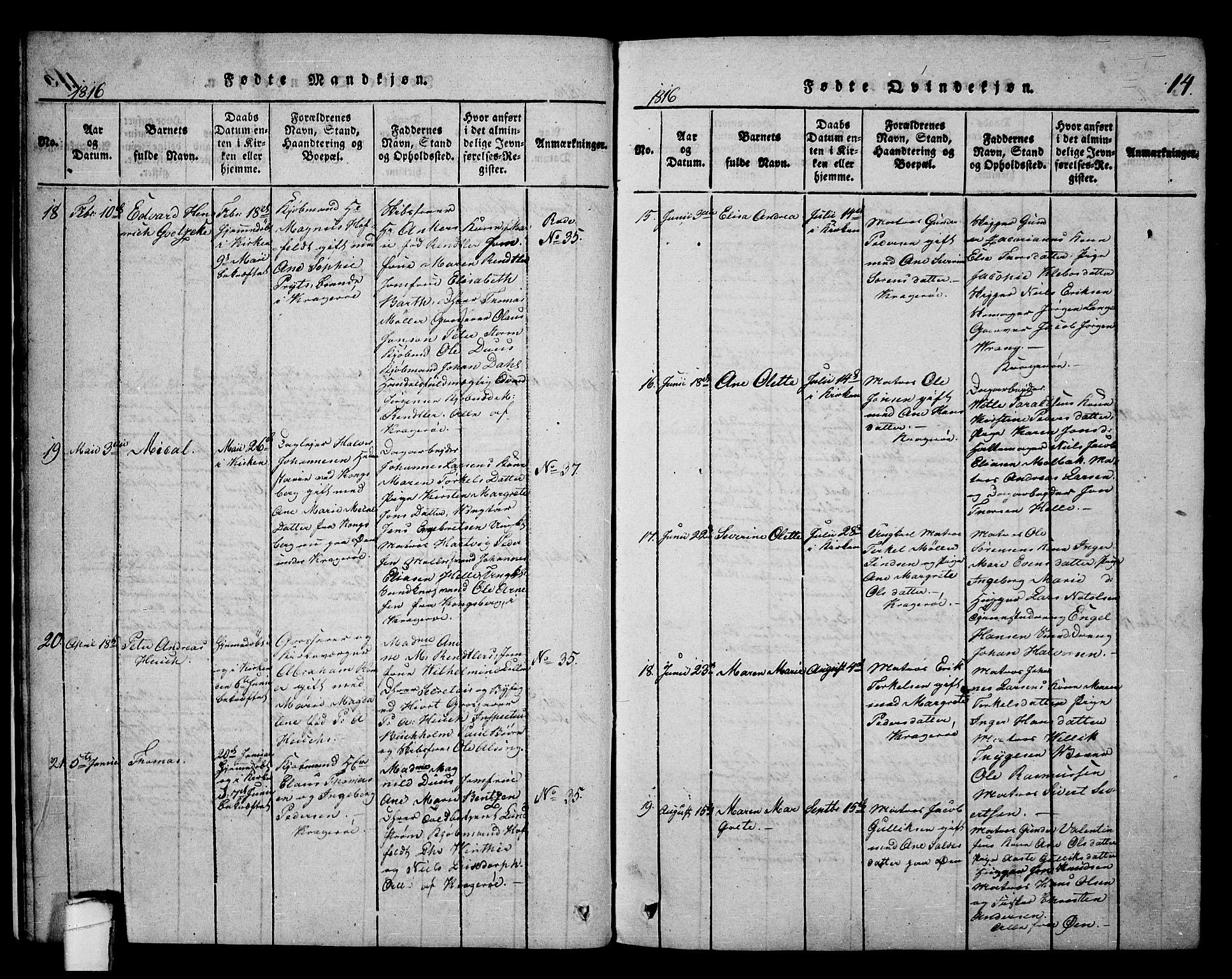 Kragerø kirkebøker, AV/SAKO-A-278/F/Fa/L0004: Ministerialbok nr. 4, 1814-1831, s. 14