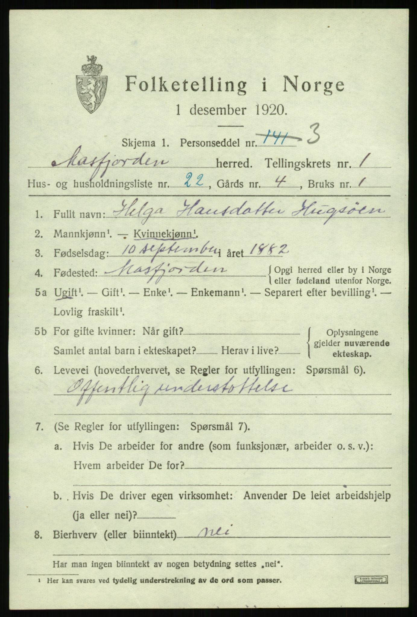SAB, Folketelling 1920 for 1266 Masfjorden herred, 1920, s. 1013