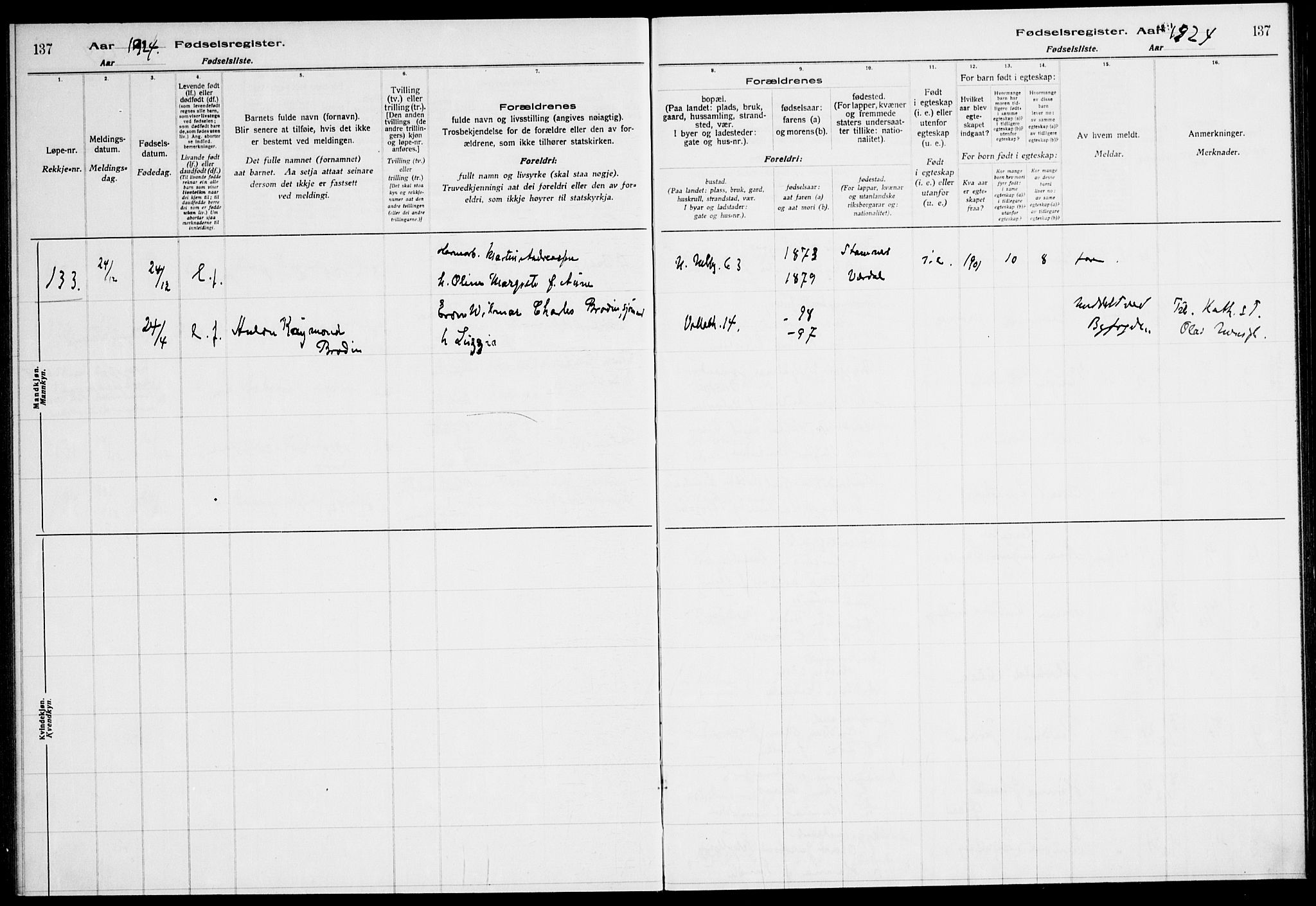 Ministerialprotokoller, klokkerbøker og fødselsregistre - Sør-Trøndelag, AV/SAT-A-1456/604/L0233: Fødselsregister nr. 604.II.4.2, 1920-1928, s. 137